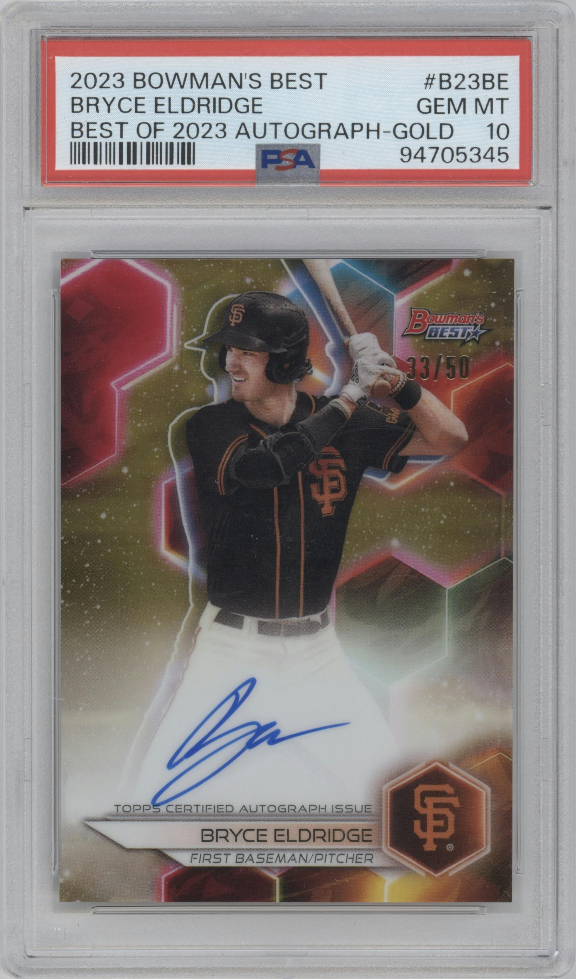 Bryce Eldridge from the 2023 Bowman's Best set featuring a Gold Refractor parallel graded by PSA and given an overall grade of 10.