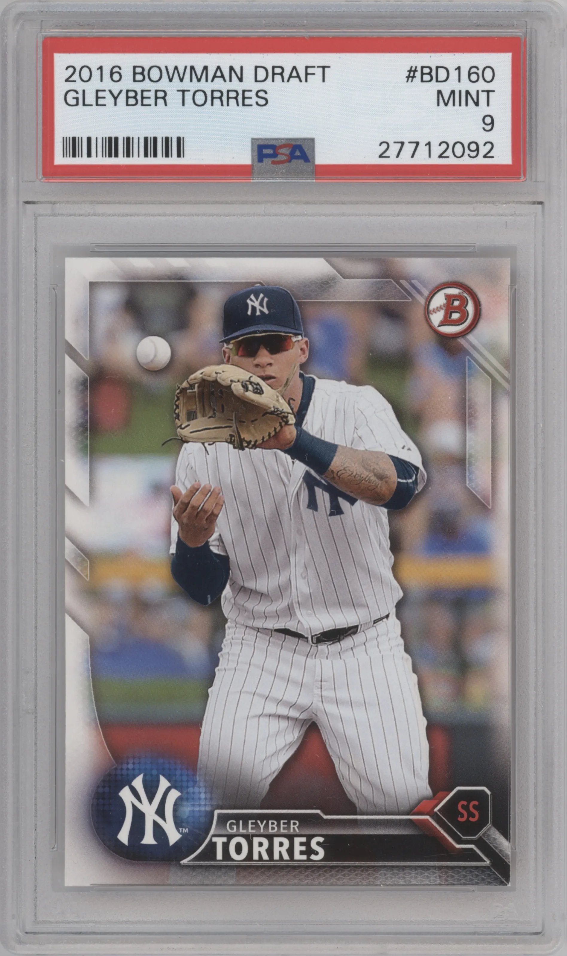 Gleyber Torres from the 2016 Bowman Draft set graded by PSA and given an overall grade of 9.