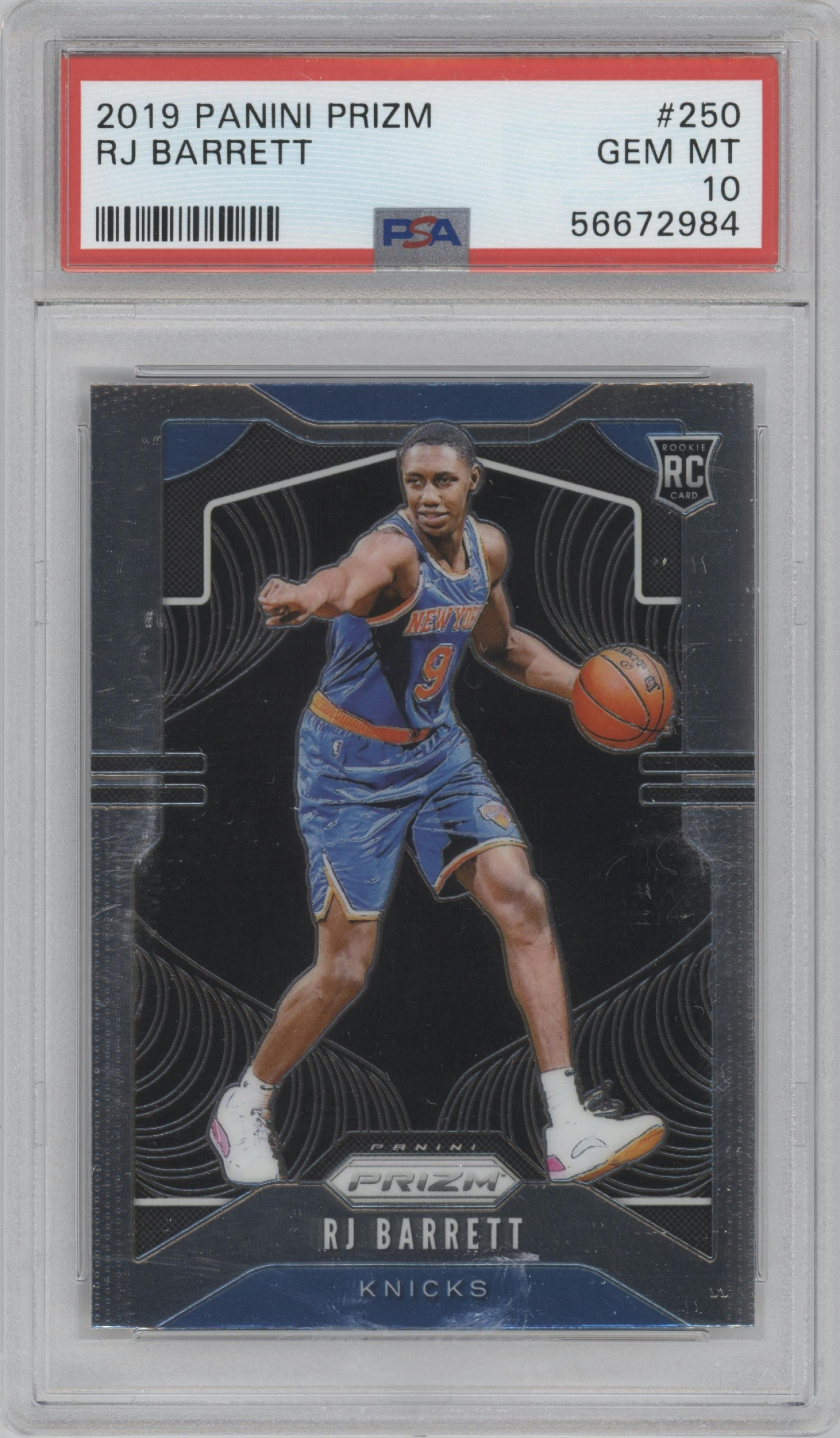 RJ Barrett from the 2019-20 Panini Prizm set graded by PSA and given an overall grade of 10.