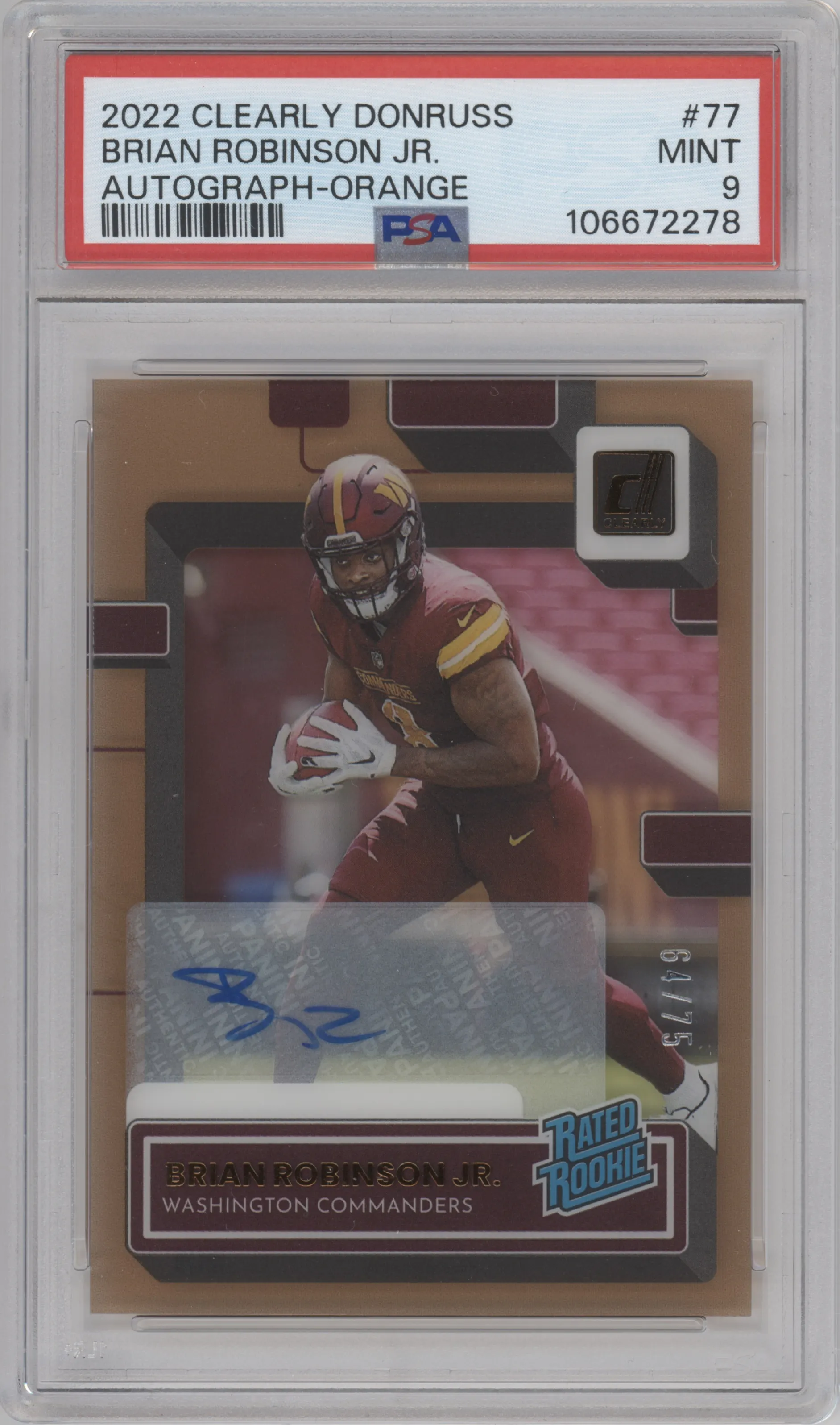 Brian Robinson Jr. from the 2022 Clearly Donruss set featuring a Orange parallel graded by PSA and given an overall grade of 9.