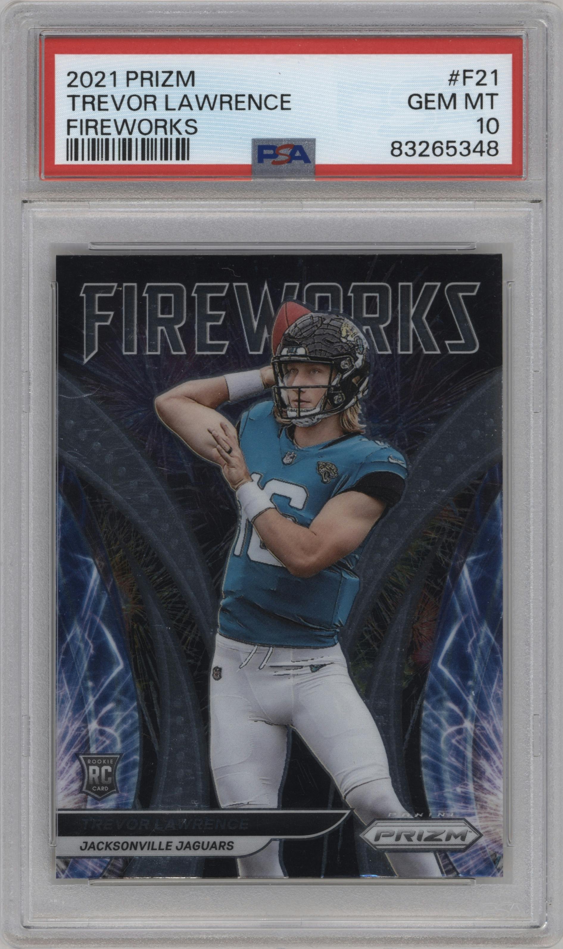 Trevor Lawrence from the 2021 Panini Prizm set graded by PSA and given an overall grade of 10.