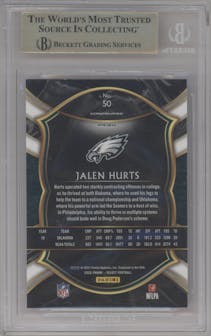 Jalen Hurts from the 2020 Panini Select set featuring a Cosmic parallel graded by Beckett and given an overall grade of 9.5.