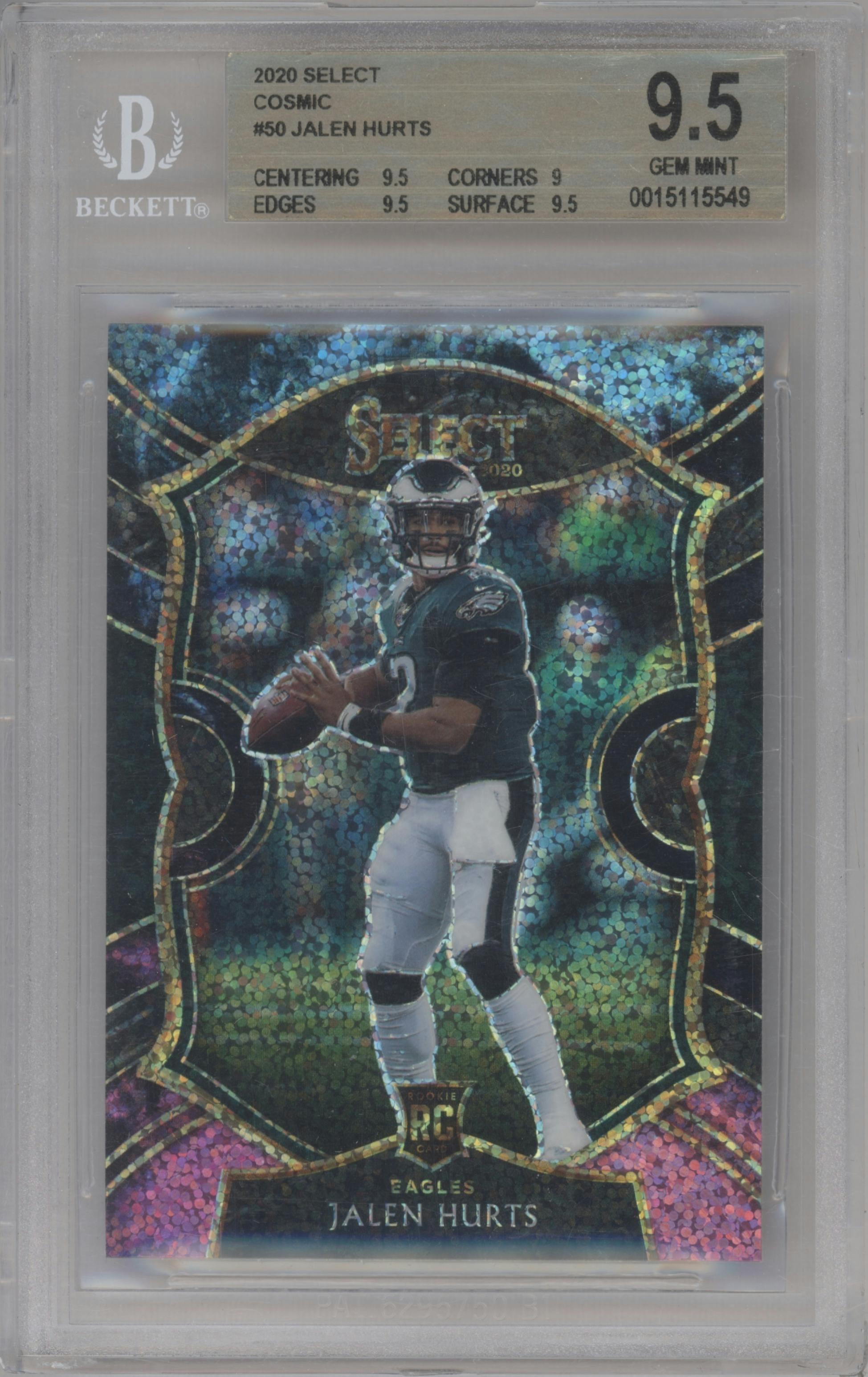 Jalen Hurts from the 2020 Panini Select set featuring a Cosmic parallel graded by Beckett and given an overall grade of 9.5.