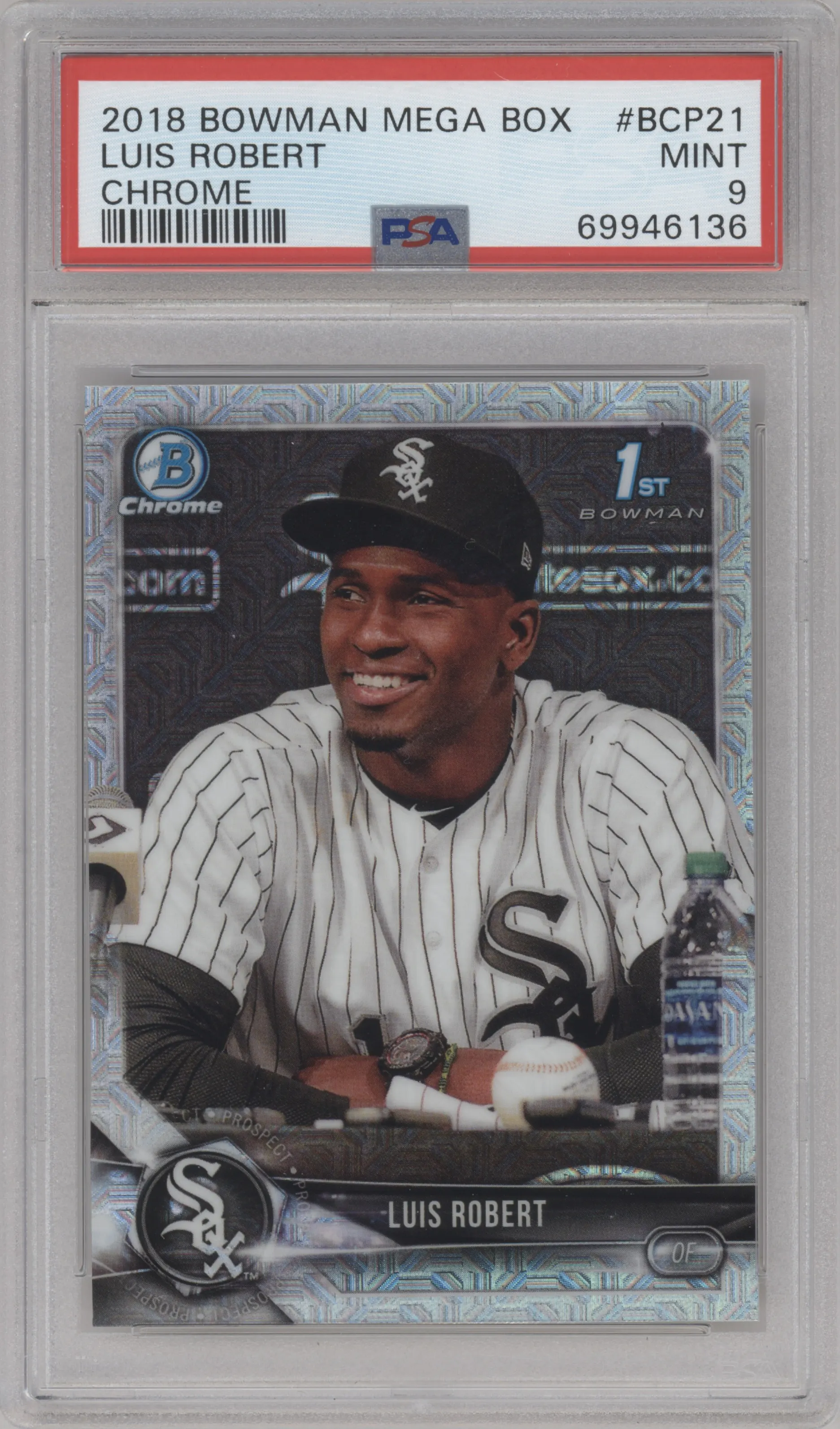 Luis Robert from the 2018 Bowman Chrome Mega Box set graded by PSA and given an overall grade of 9.