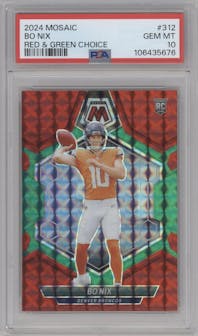 Bo Nix from the 2024 Panini Mosaic set featuring a Choice Red and Green parallel graded by PSA and given an overall grade of 10.
