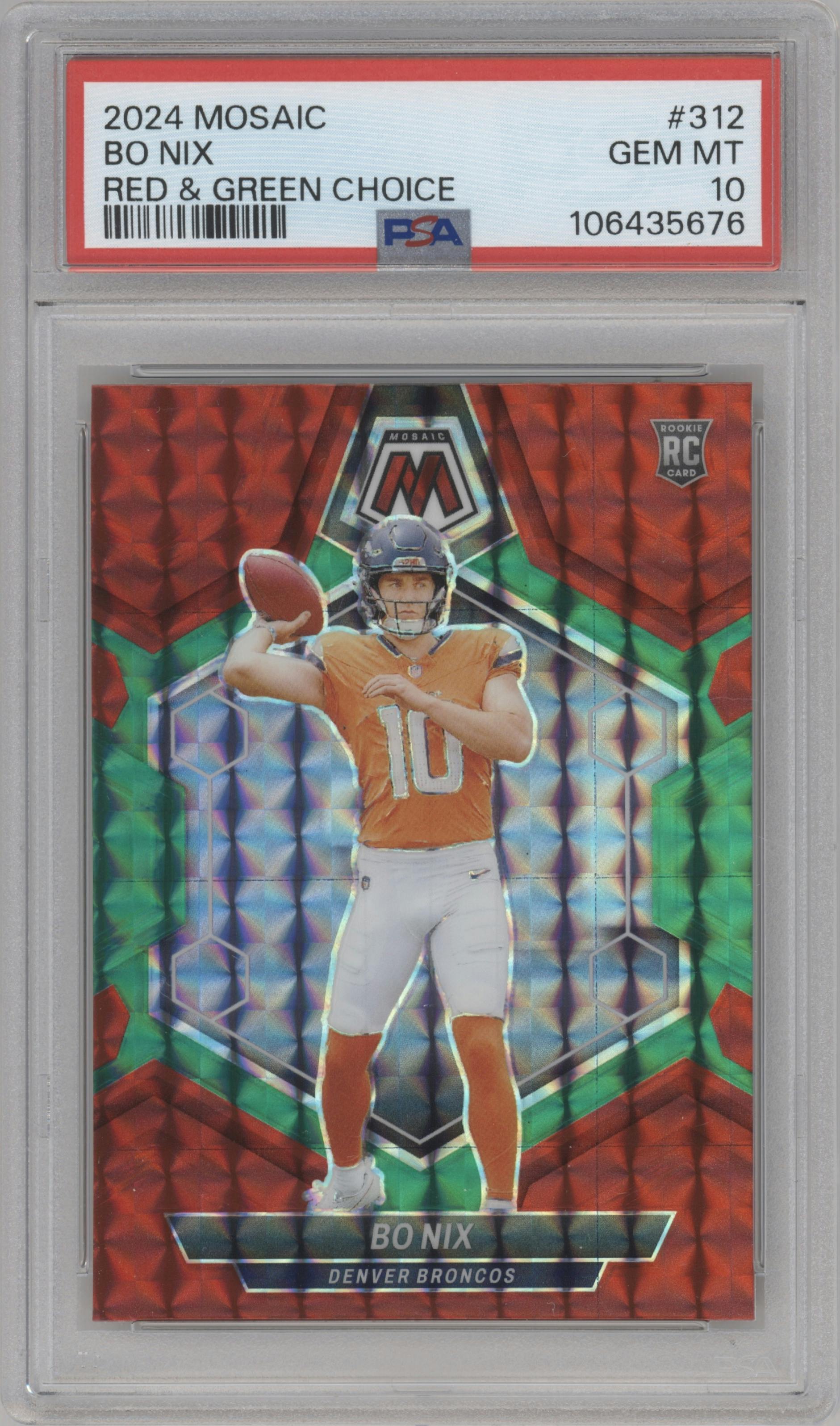 Bo Nix from the 2024 Panini Mosaic set featuring a Choice Red and Green parallel graded by PSA and given an overall grade of 10.