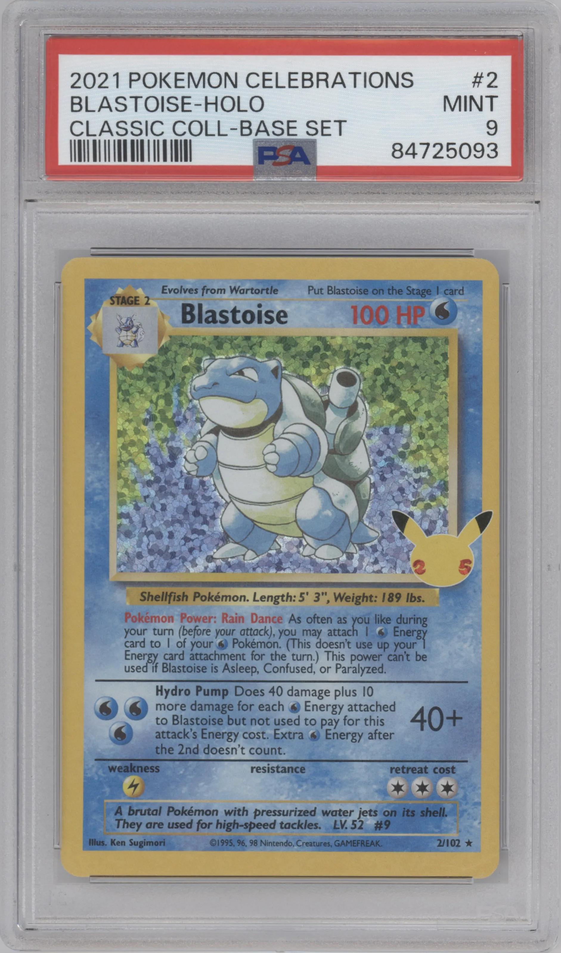 Blastoise from the 2021 Pokemon SWSH set featuring a Base Set parallel graded by PSA and given an overall grade of 9.