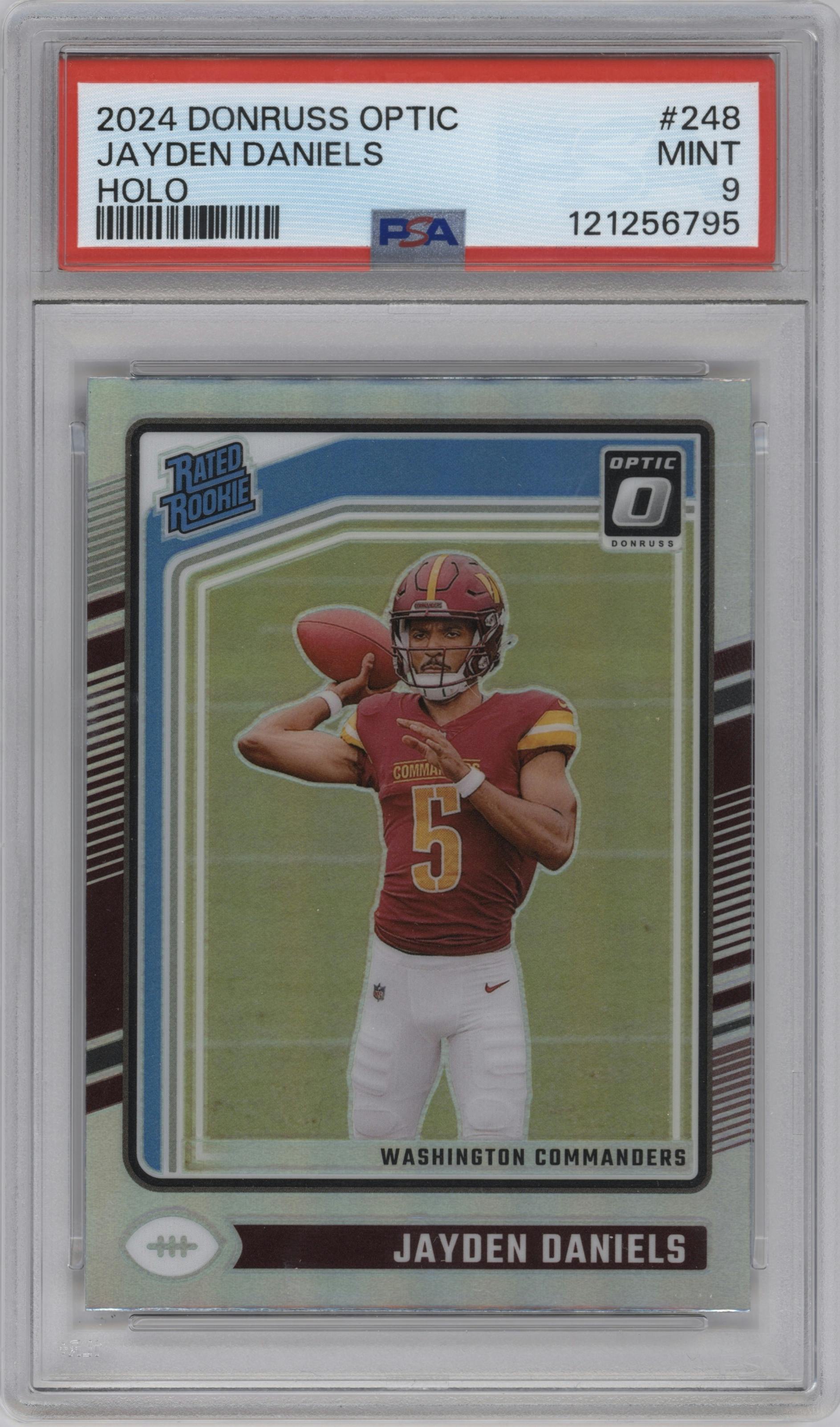 Jayden Daniels from the 2024 Donruss Optic set featuring a Holo parallel graded by PSA and given an overall grade of 9.