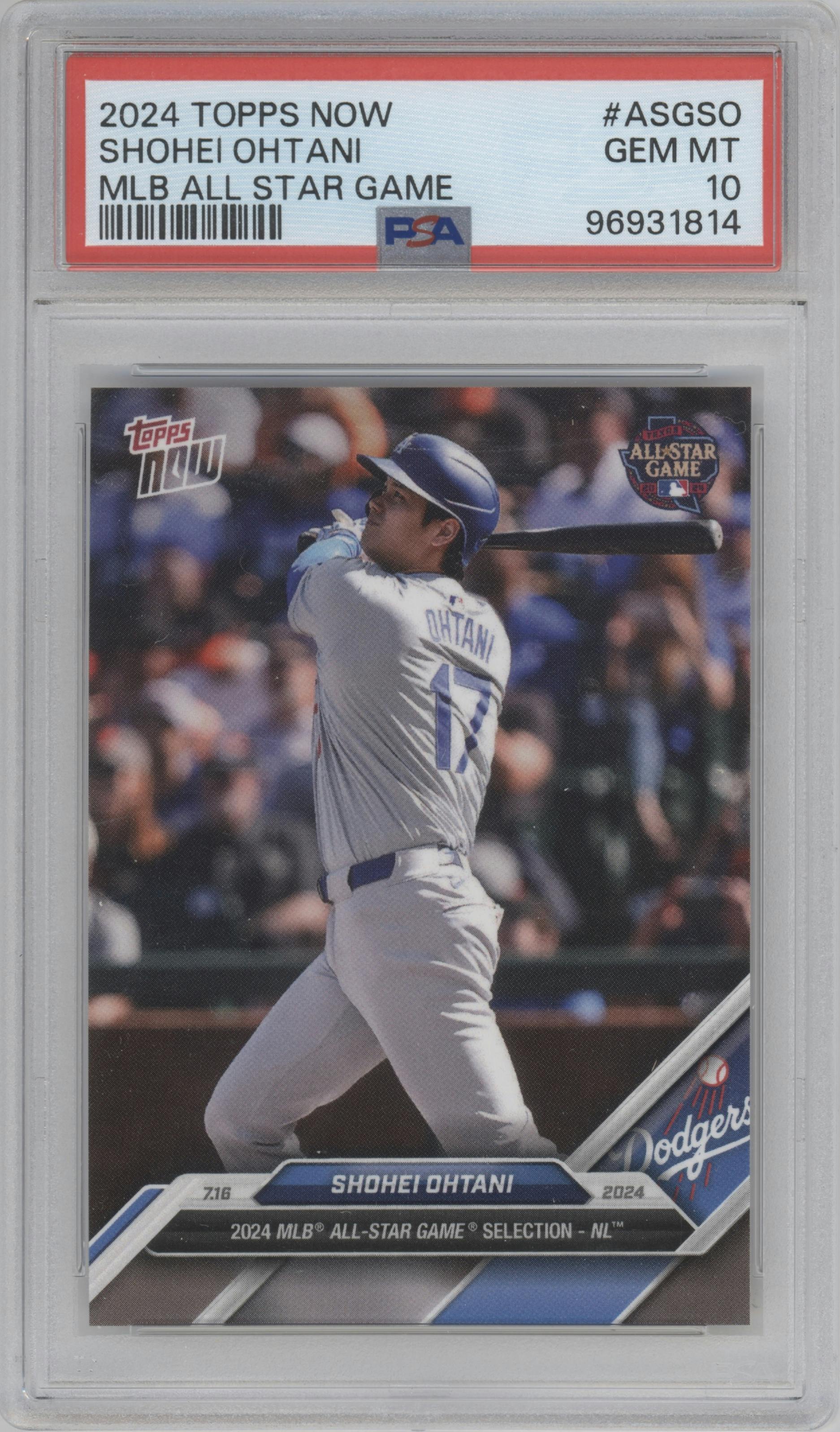 Shohei Ohtani from the 2024 Topps Now MLB All-Star Game set graded by PSA and given an overall grade of 10.