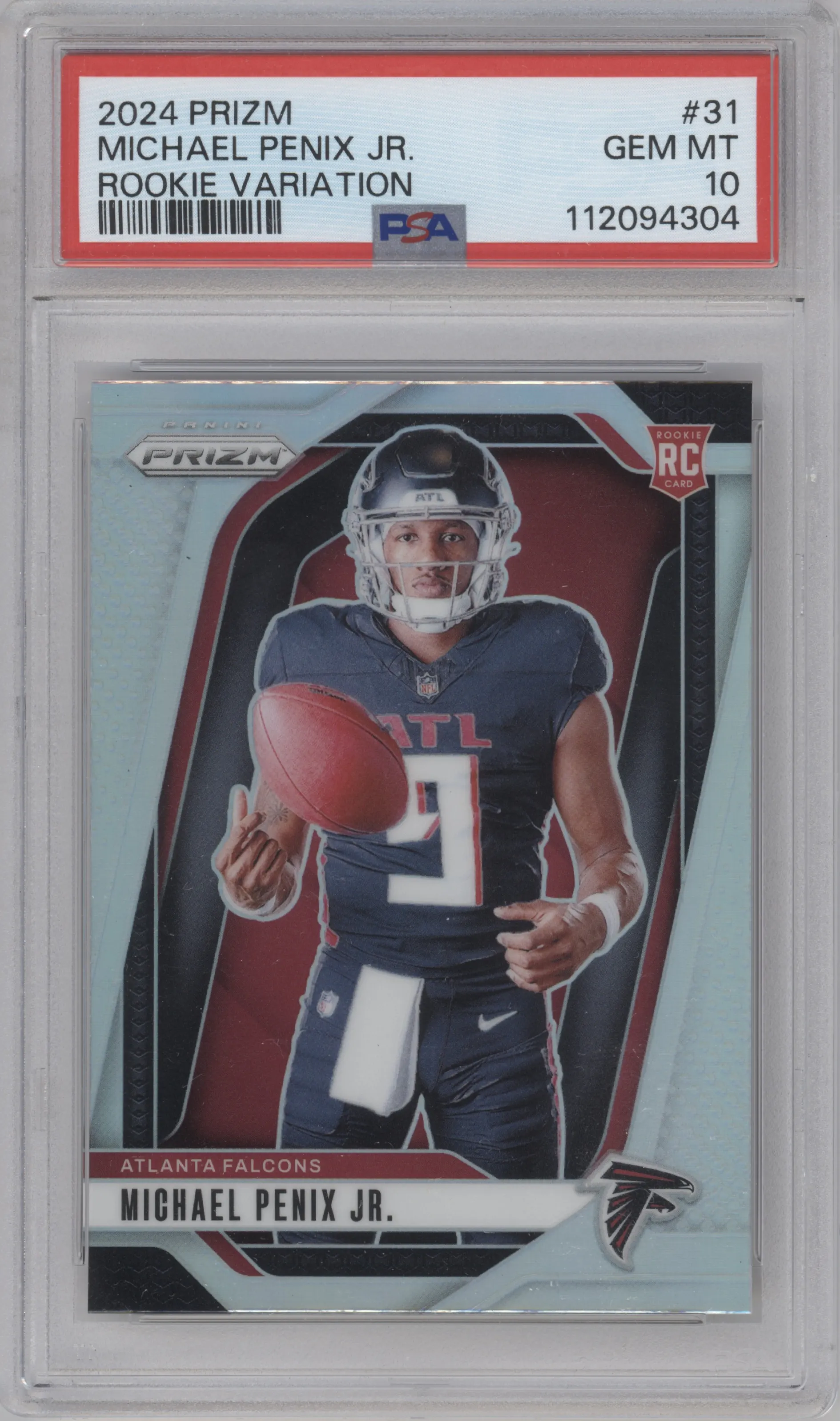 Michael Penix Jr. from the 2024 Panini Prizm set graded by PSA and given an overall grade of 10.