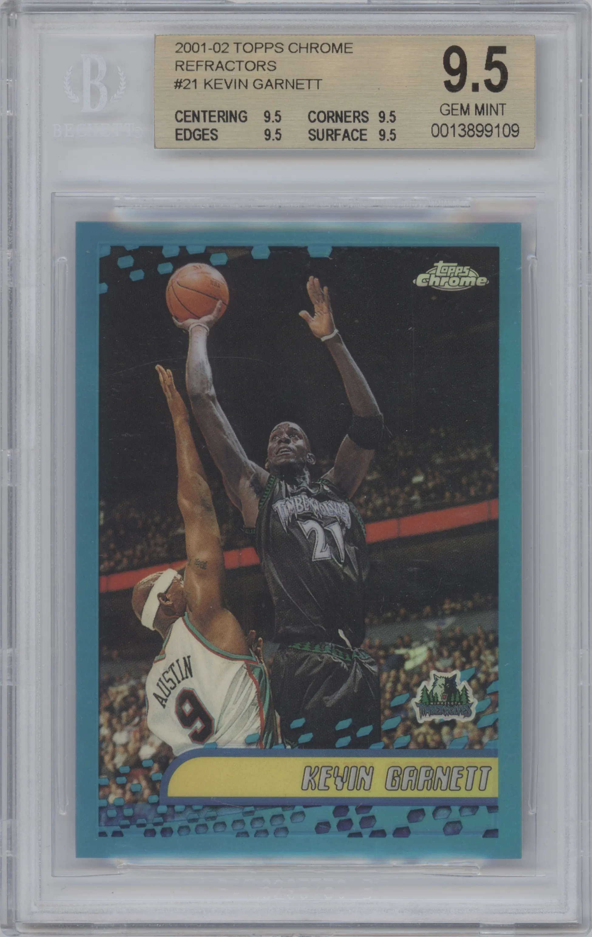 Kevin Garnett from the 2001-02 Topps Chrome set featuring a Refractor parallel graded by Beckett and given an overall grade of 9.5.