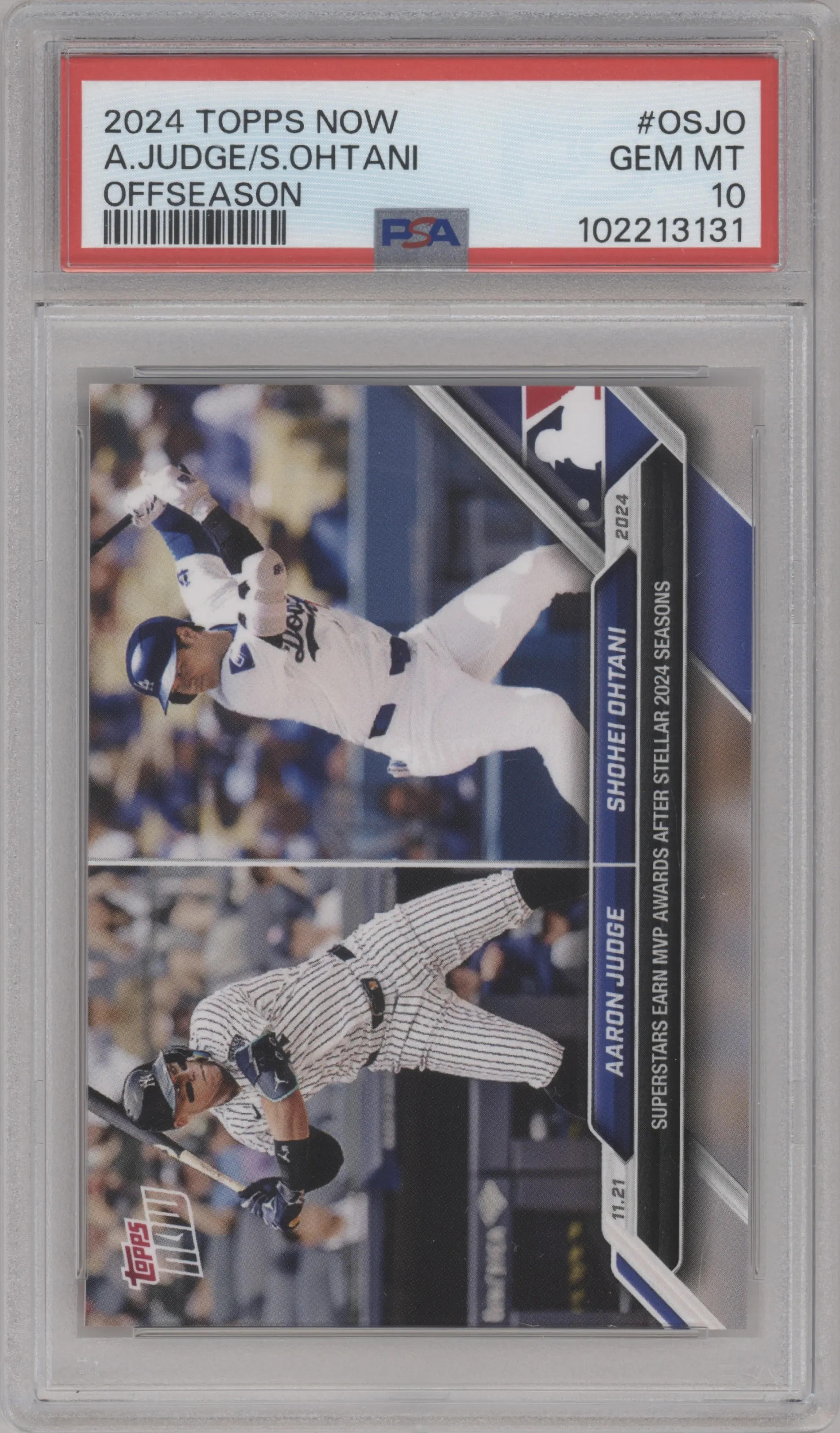 Aaron Judge/Shohei Ohtani  from the 2024-25 Topps Now Off-Season set graded by PSA and given an overall grade of 10.