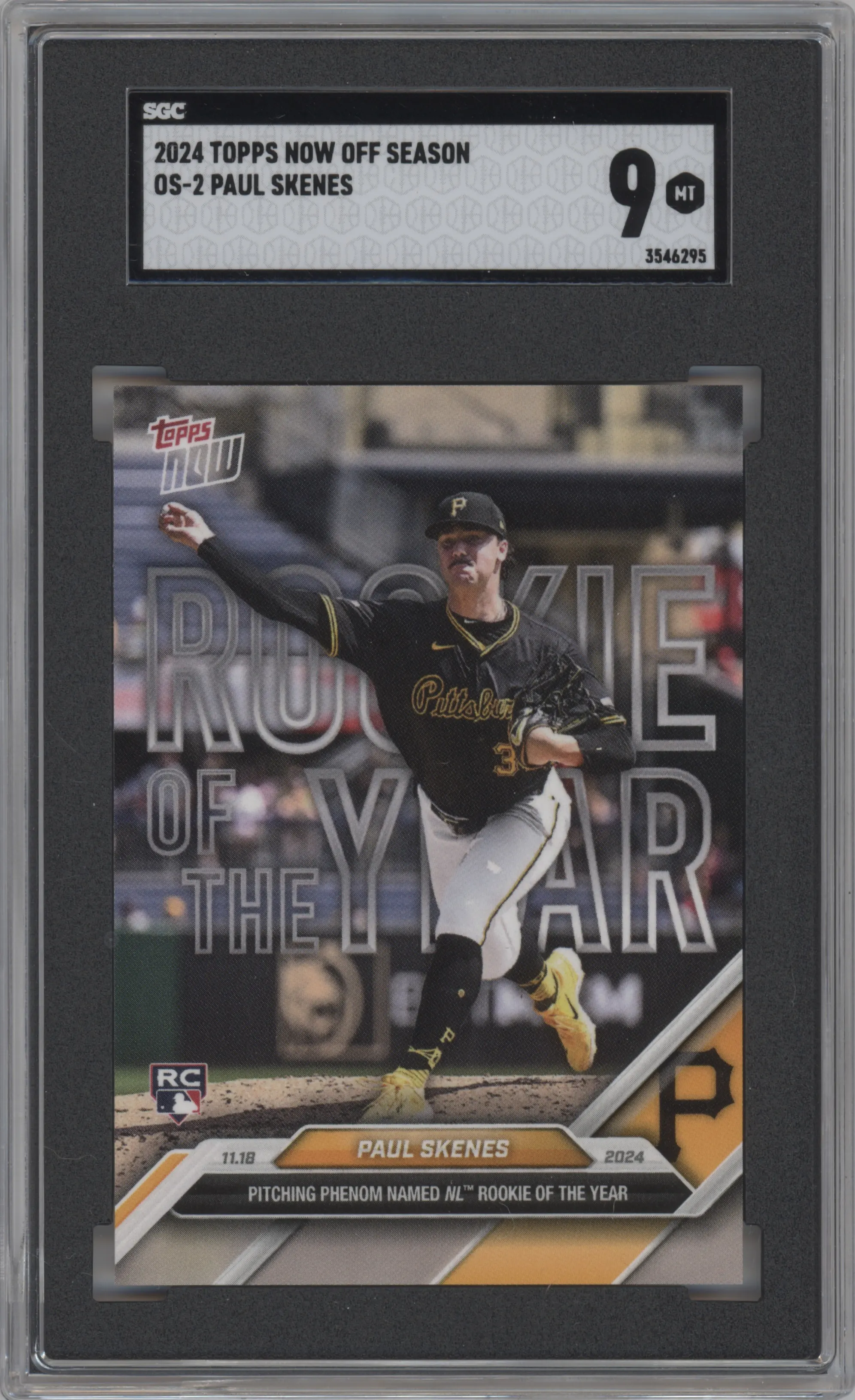 Paul Skenes from the 2024-25 Topps Now Off-Season set graded by SGC and given an overall grade of 9.