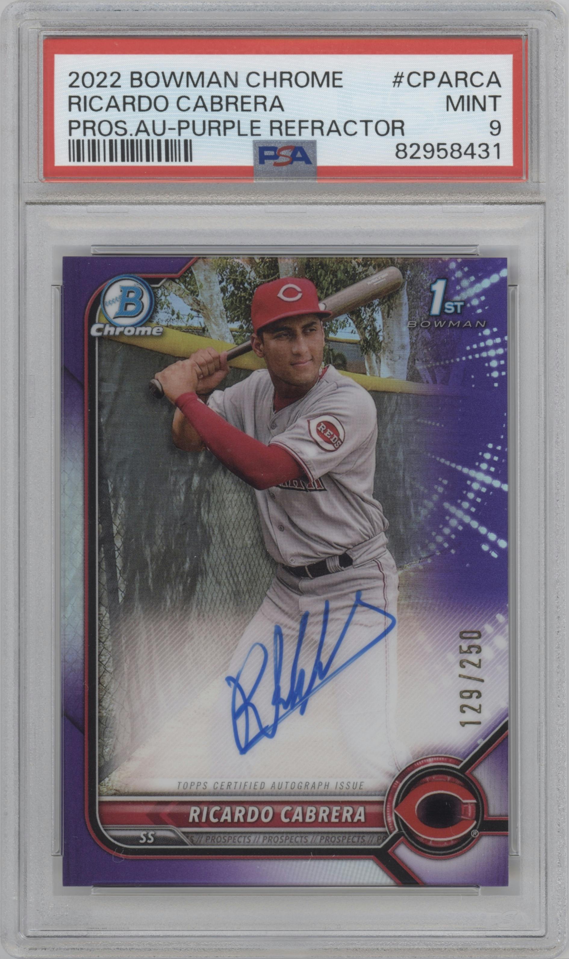 Ricardo Cabrera from the 2022 Bowman Chrome set featuring a Purple Ref. parallel graded by PSA and given an overall grade of 9.