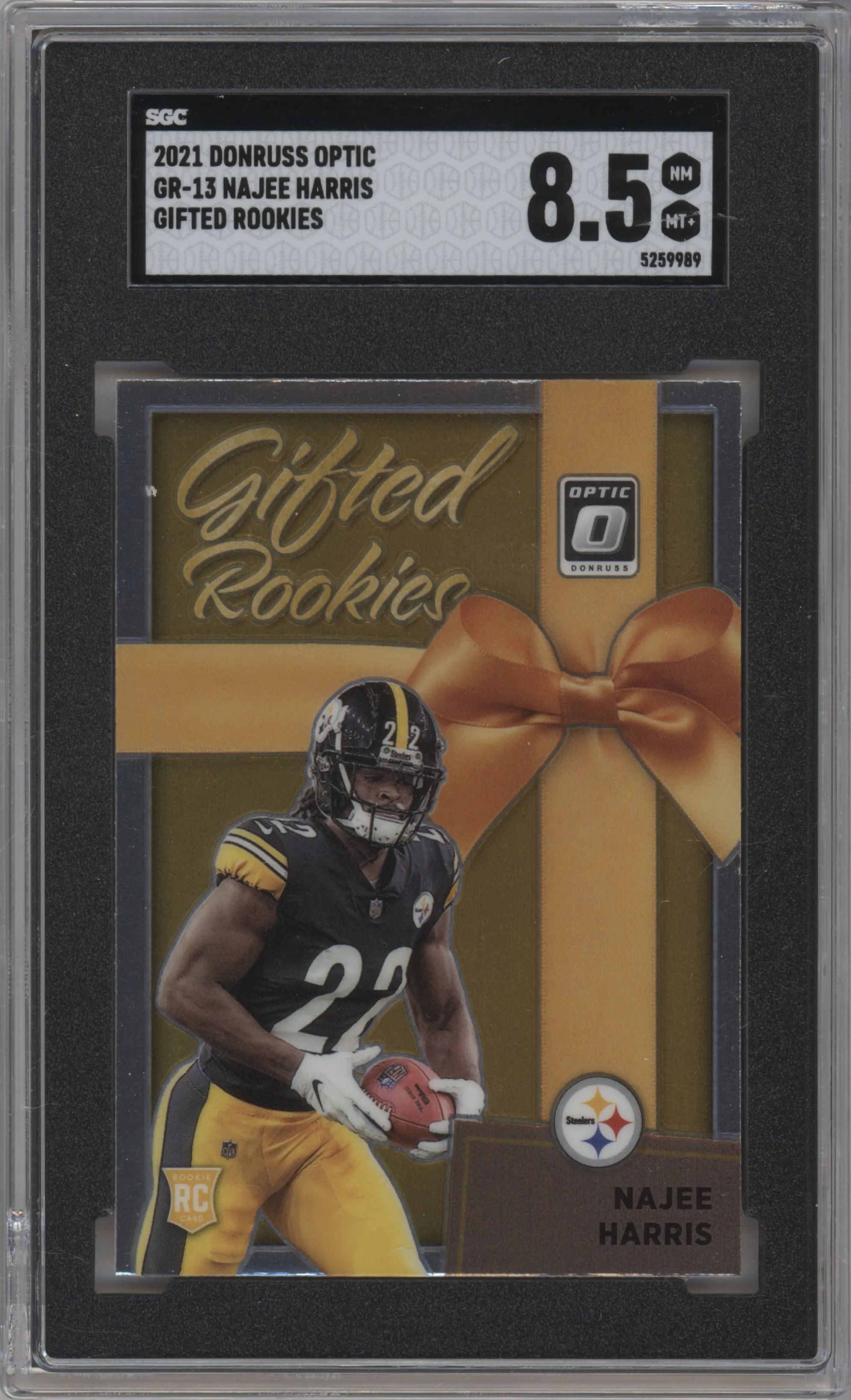 Najee Harris from the 2021 Panini Donruss Optic set graded by SGC and given an overall grade of 8.5.