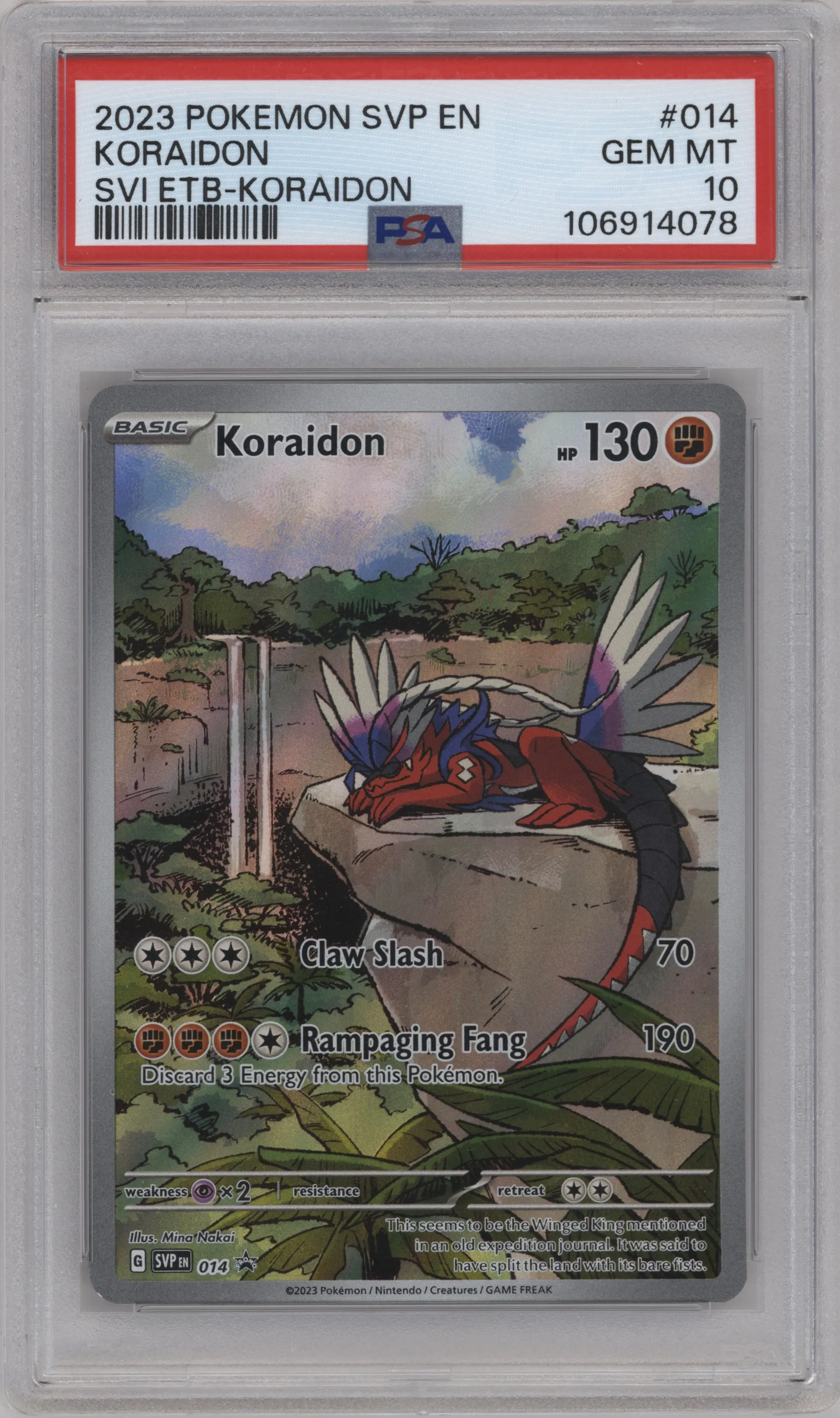 Koraidon from the 2023 Pokemon SV set featuring a Scarlet & Violet Elite Trainer Box (Koraidon) parallel graded by PSA and given an overall grade of 10.