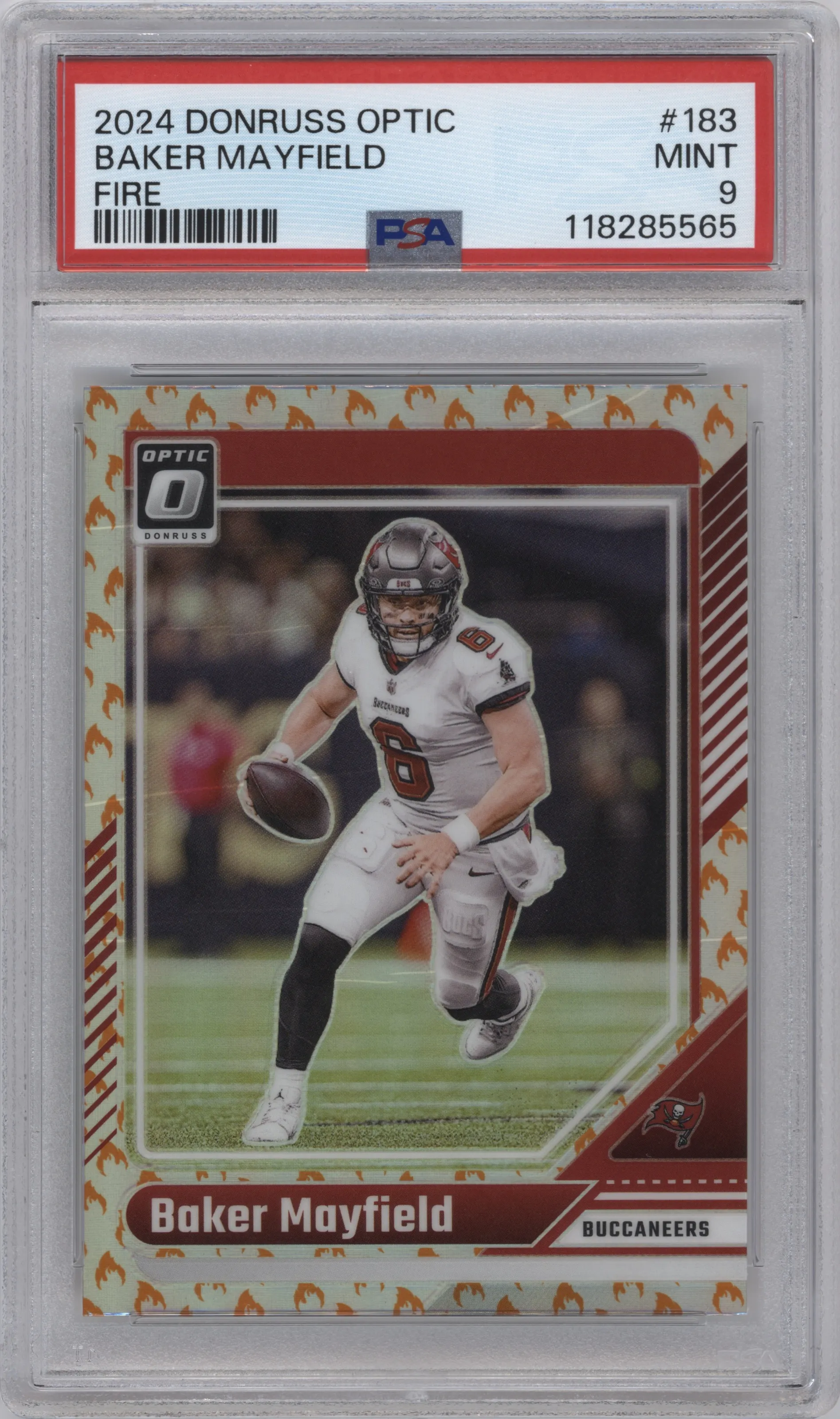 Baker Mayfield from the 2024 Donruss Optic set featuring a Fire parallel graded by PSA and given an overall grade of 9.