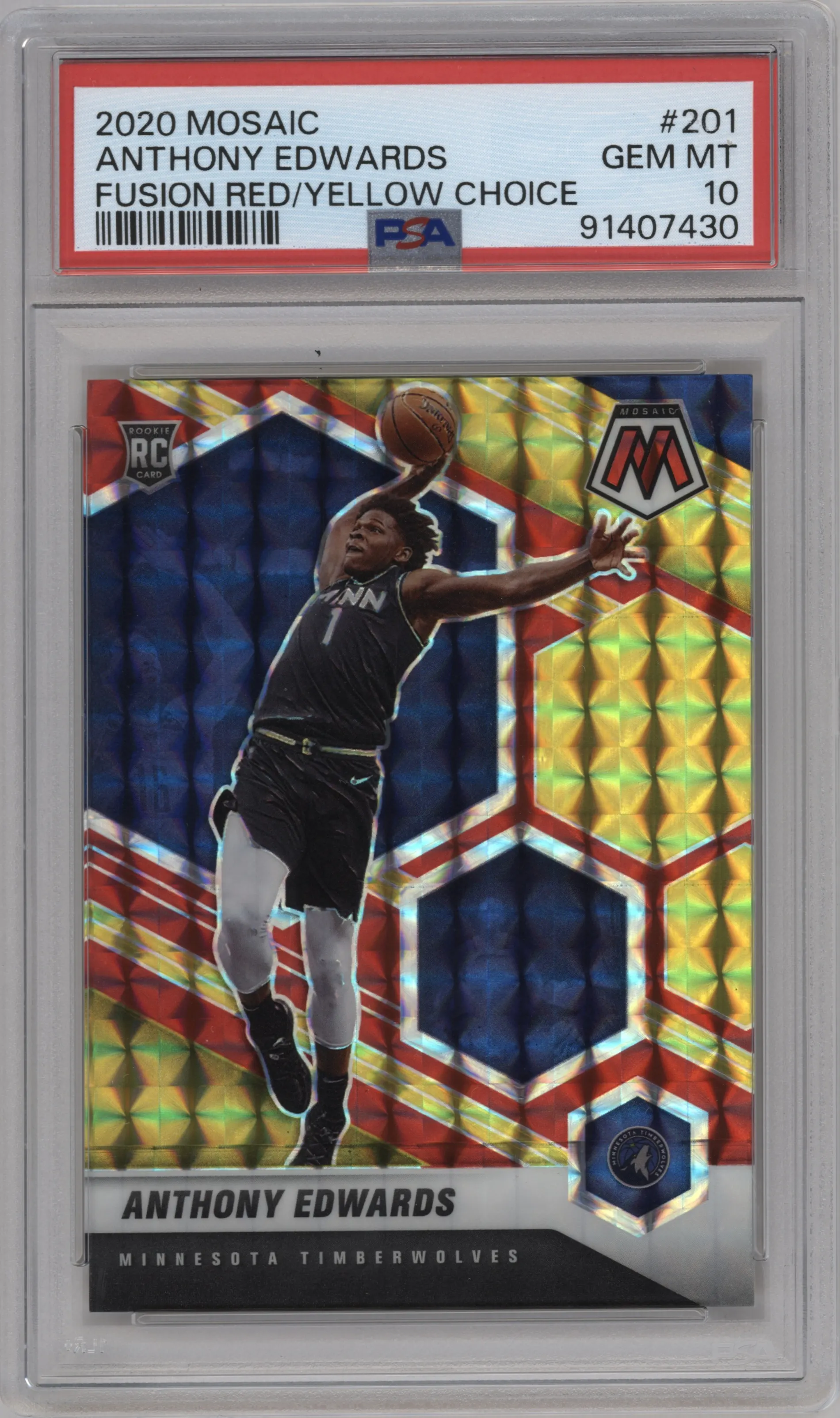 Anthony Edwards from the 2020-21 Panini Mosaic set featuring a Choice Fusion Red & Yellow  parallel graded by PSA and given an overall grade of 10.