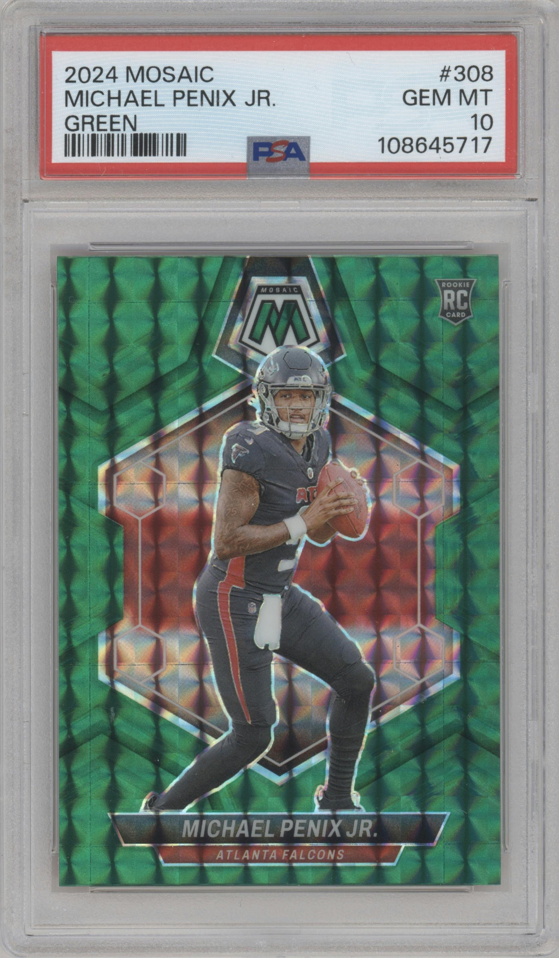 Michael Penix Jr. from the 2024 Panini Mosaic set featuring a Green Mosaic parallel graded by PSA and given an overall grade of 10.