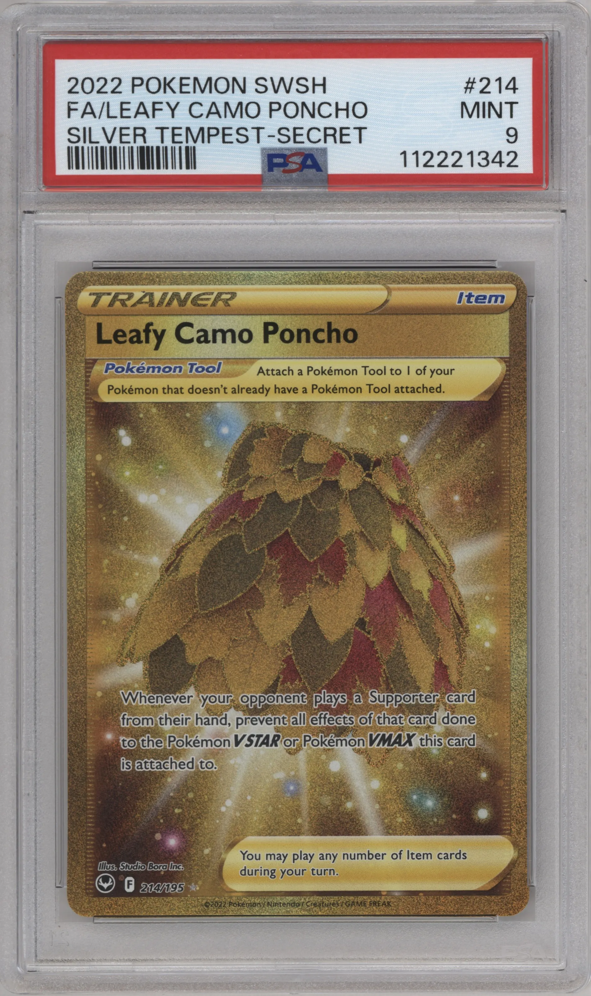 Leafy Camo Poncho from the 2022 Pokemon SWSH set graded by PSA and given an overall grade of 9.
