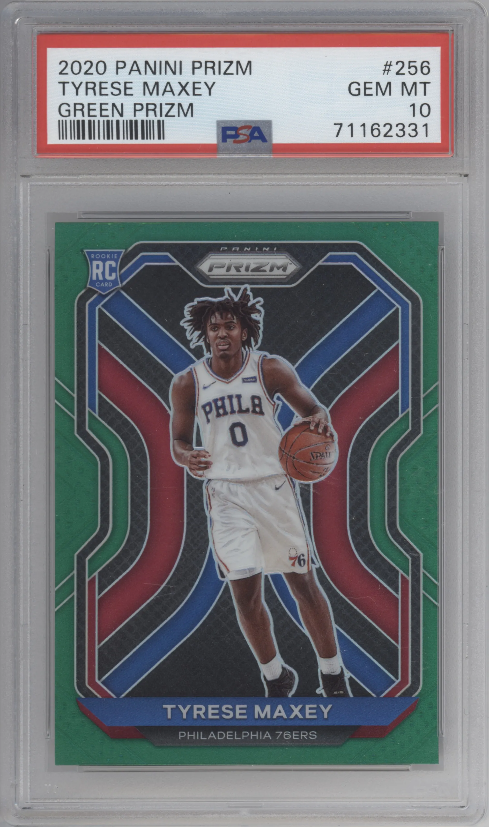 Tyrese Maxey from the 2020-21 Panini Prizm set featuring a Green Prizm parallel graded by PSA and given an overall grade of 10.