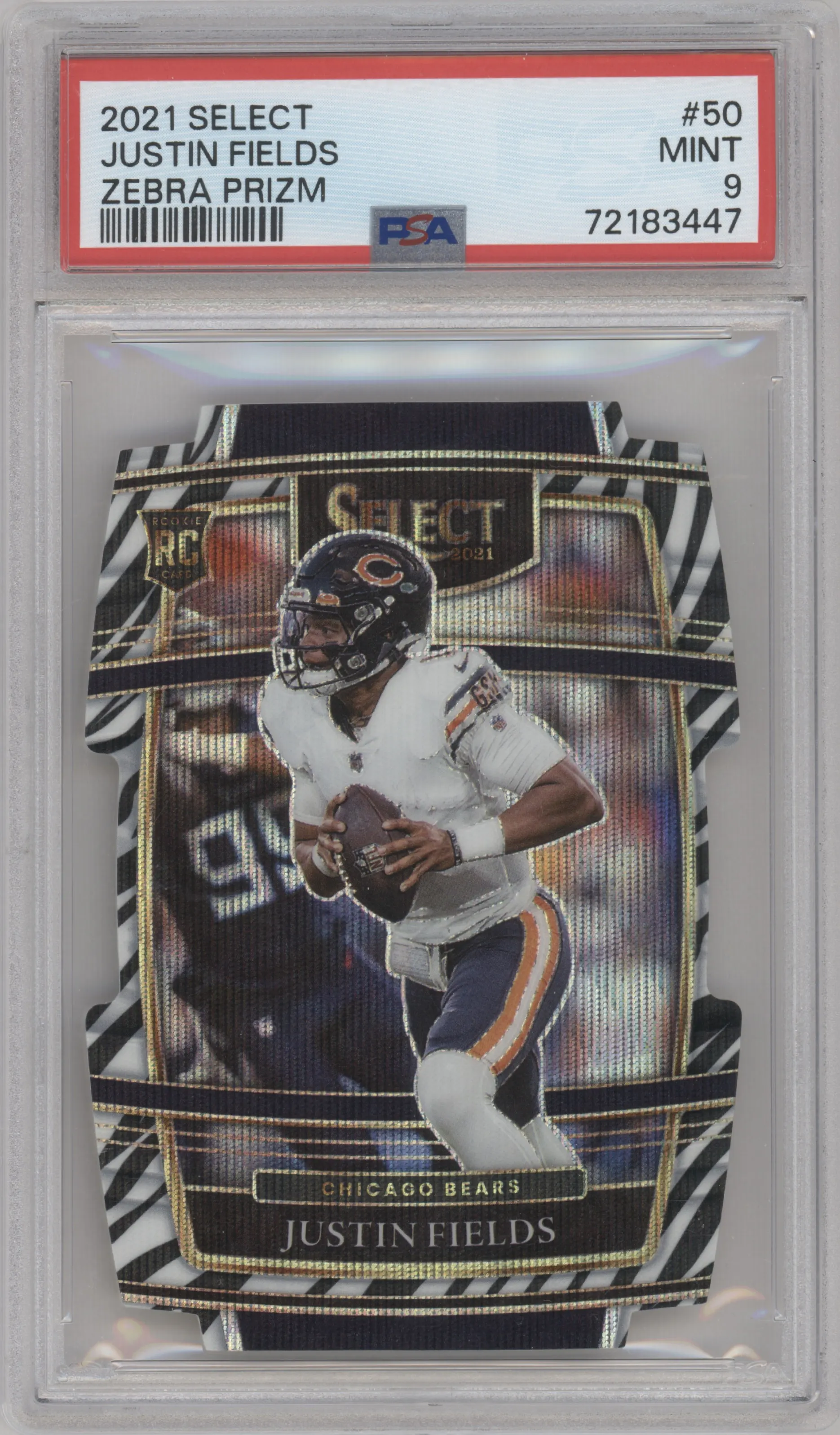 Justin Fields from the 2021 Panini Select set featuring a Die-Cut Zebra parallel graded by PSA and given an overall grade of 9.