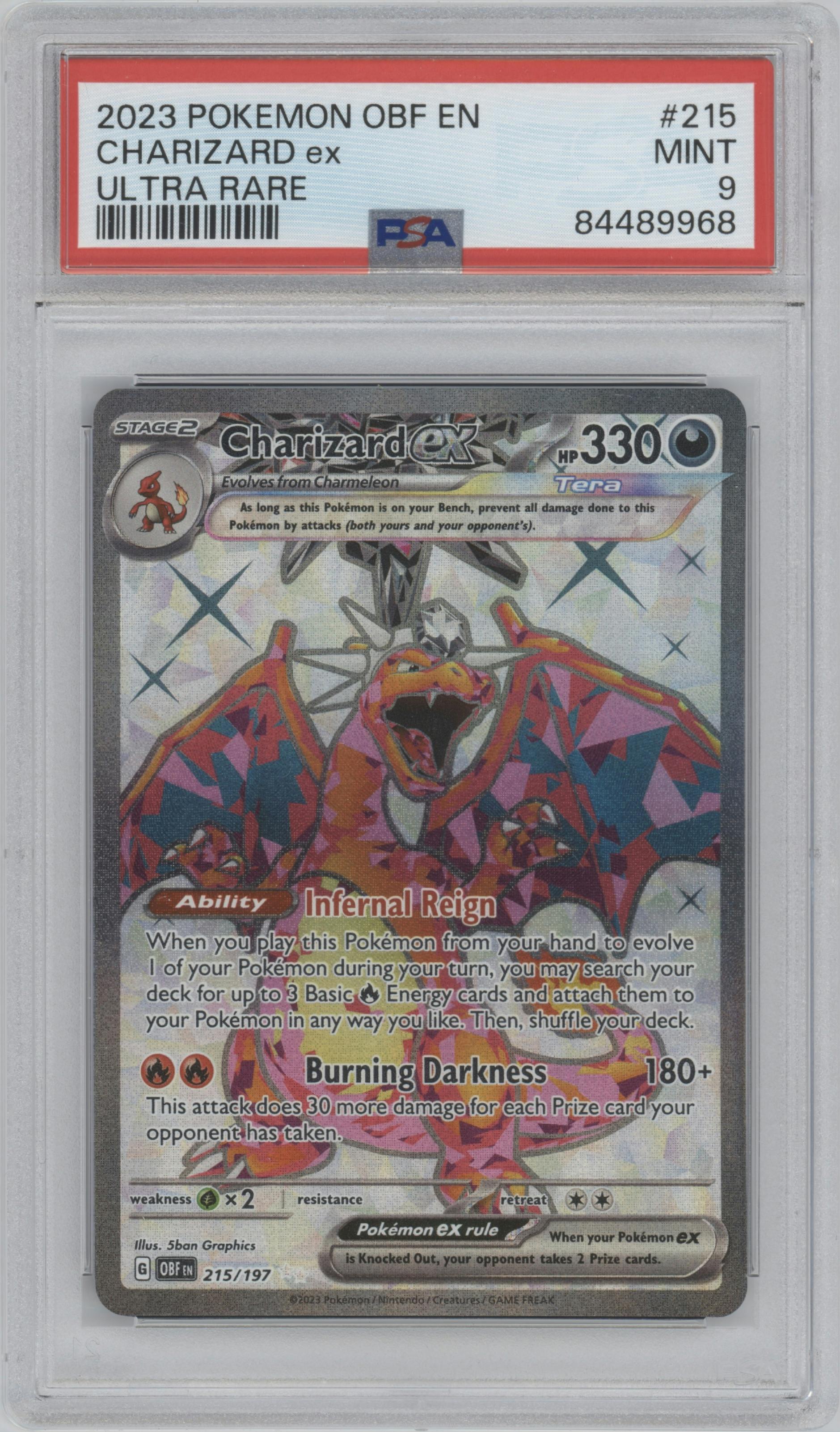Charizard ex from the 2023 Pokemon SV set graded by PSA and given an overall grade of 9.