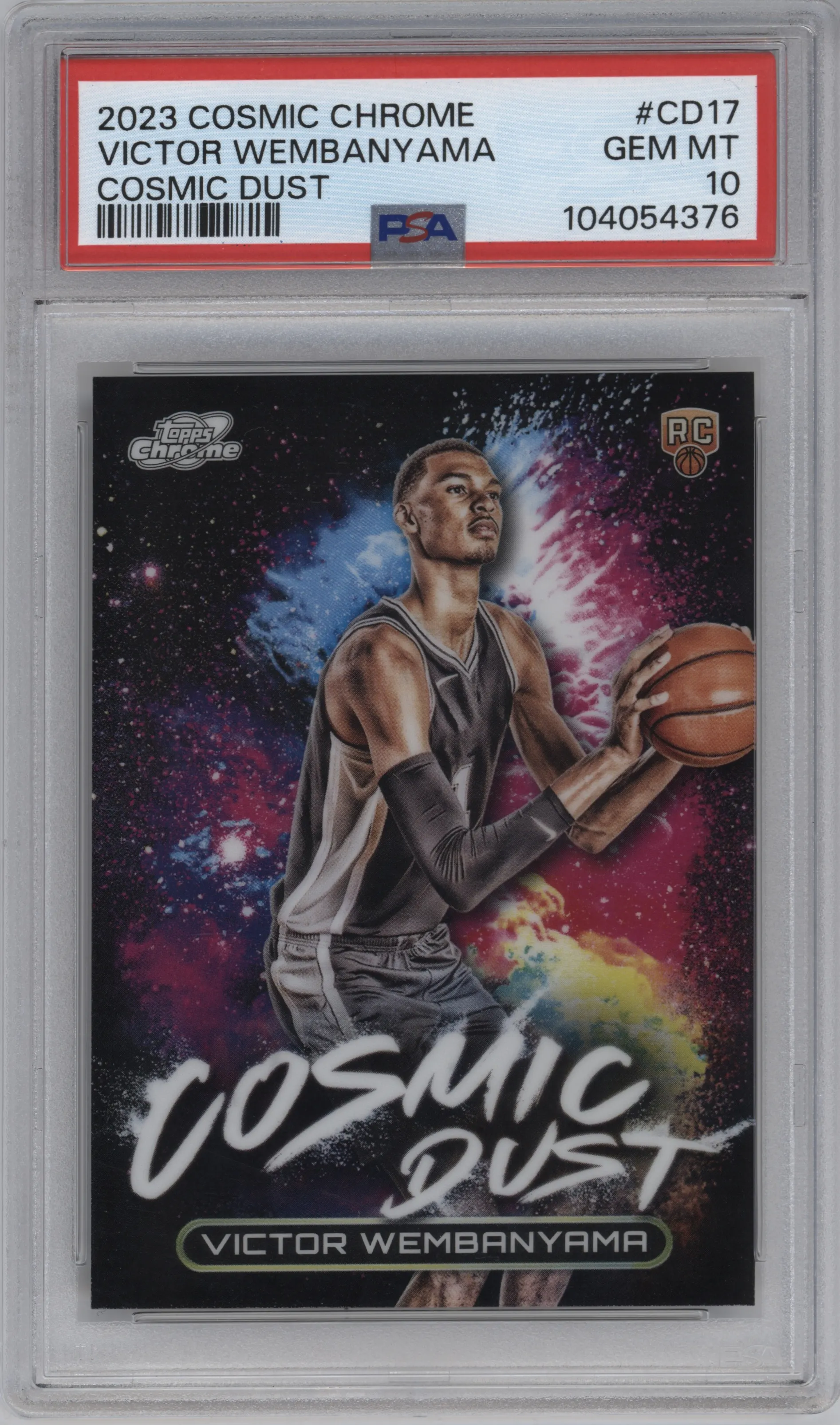 Victor Wembanyama from the 2023-24 Topps Chrome Cosmic set graded by PSA and given an overall grade of 10.