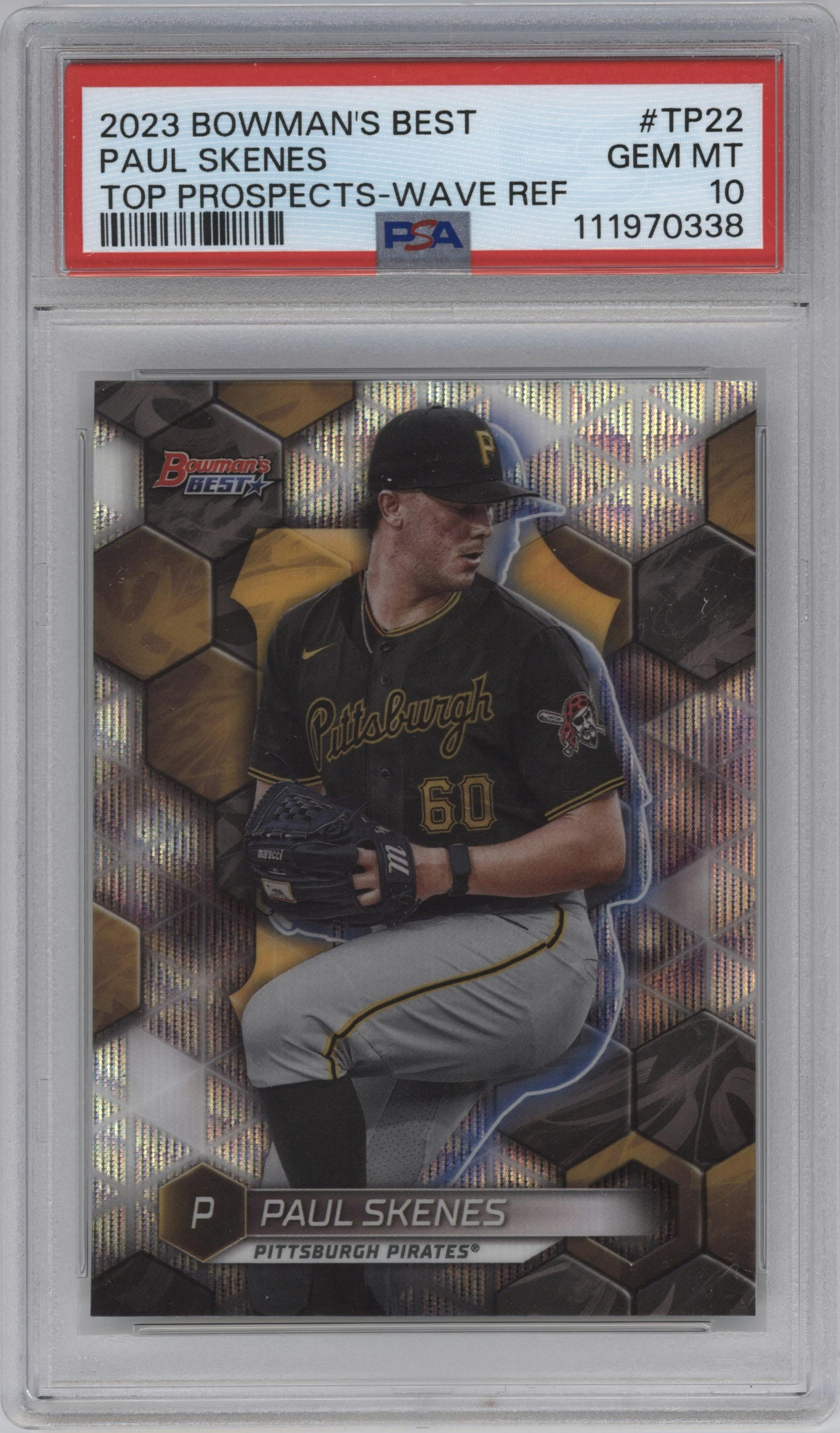 Paul Skenes from the 2023 Bowman's Best set featuring a Wave Refractor parallel graded by PSA and given an overall grade of 10.
