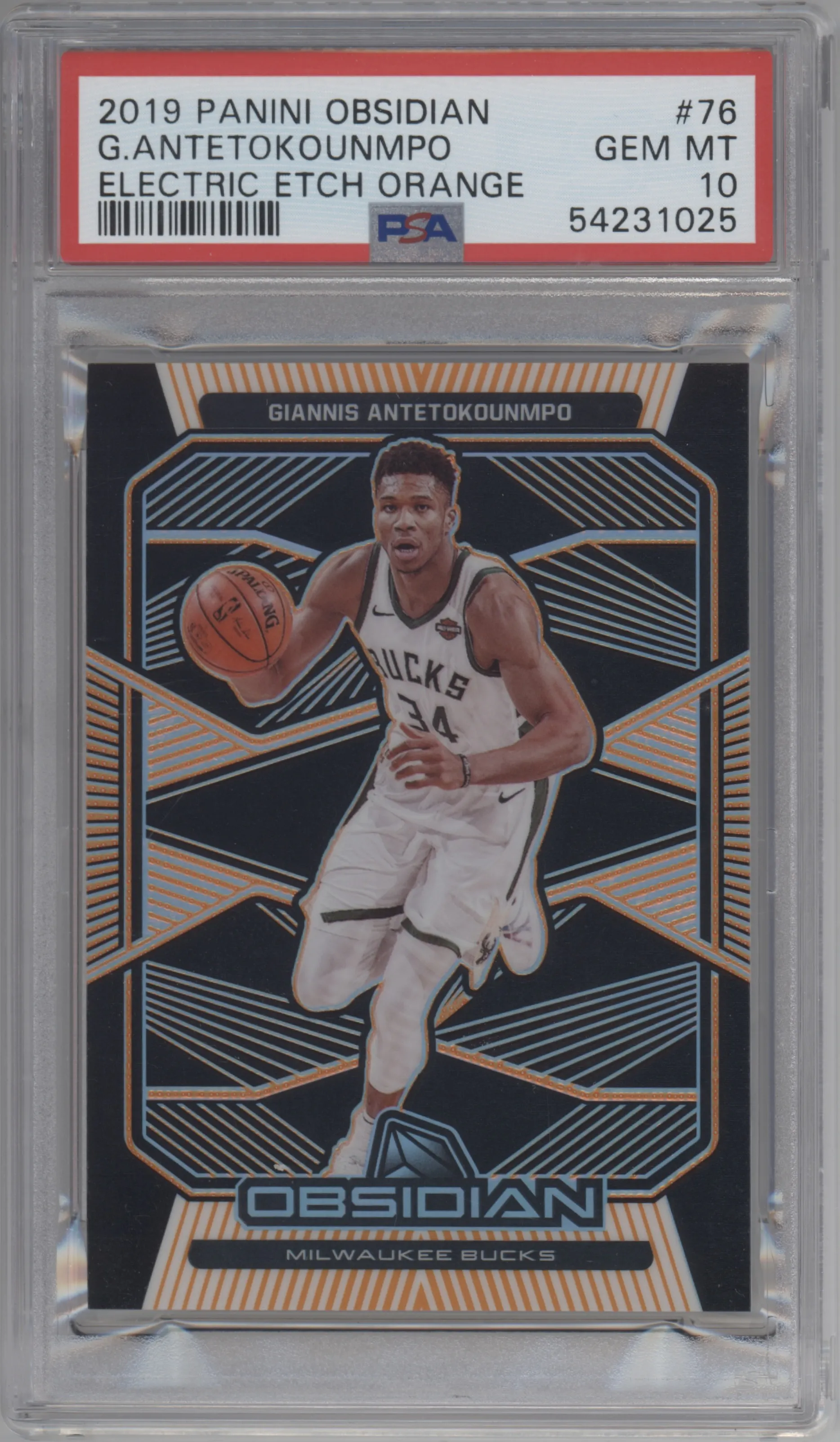 Giannis Antetokounmpo from the 2019-20 Panini Obsidian set featuring a Electric Etch Orange parallel graded by PSA and given an overall grade of 10.