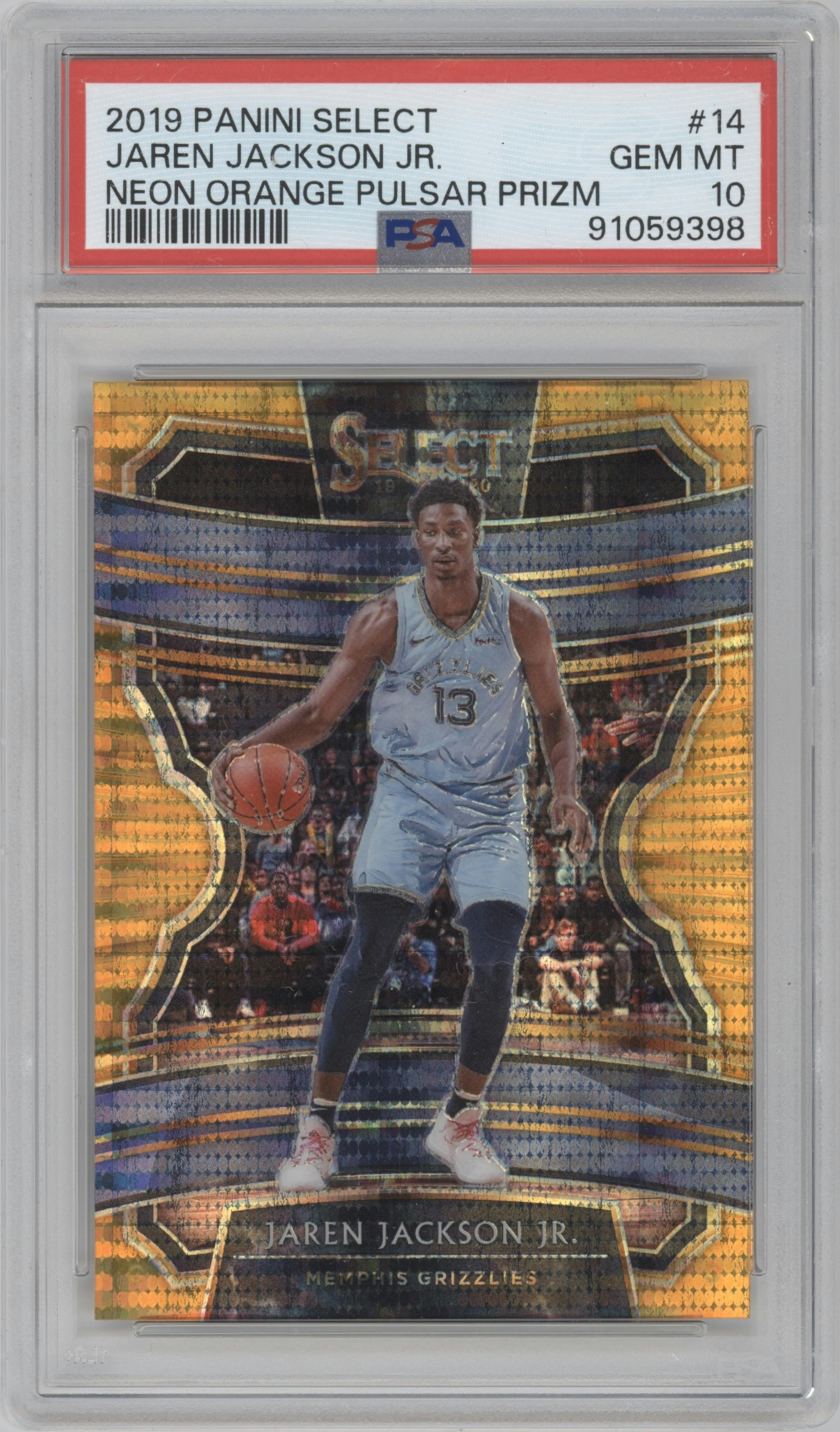 Jaren Jackson Jr. from the 2019-20 Panini Select set featuring a Neon Orange Pulsar parallel graded by PSA and given an overall grade of 10.