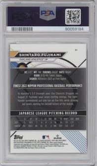 Shintaro Fujinami from the 2023 Topps Finest set featuring a Gold Mini-Diamond Refractor parallel graded by PSA and given an overall grade of 10.