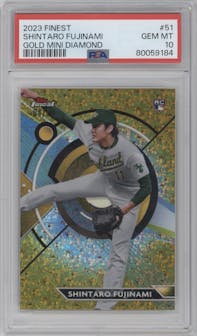 Shintaro Fujinami from the 2023 Topps Finest set featuring a Gold Mini-Diamond Refractor parallel graded by PSA and given an overall grade of 10.