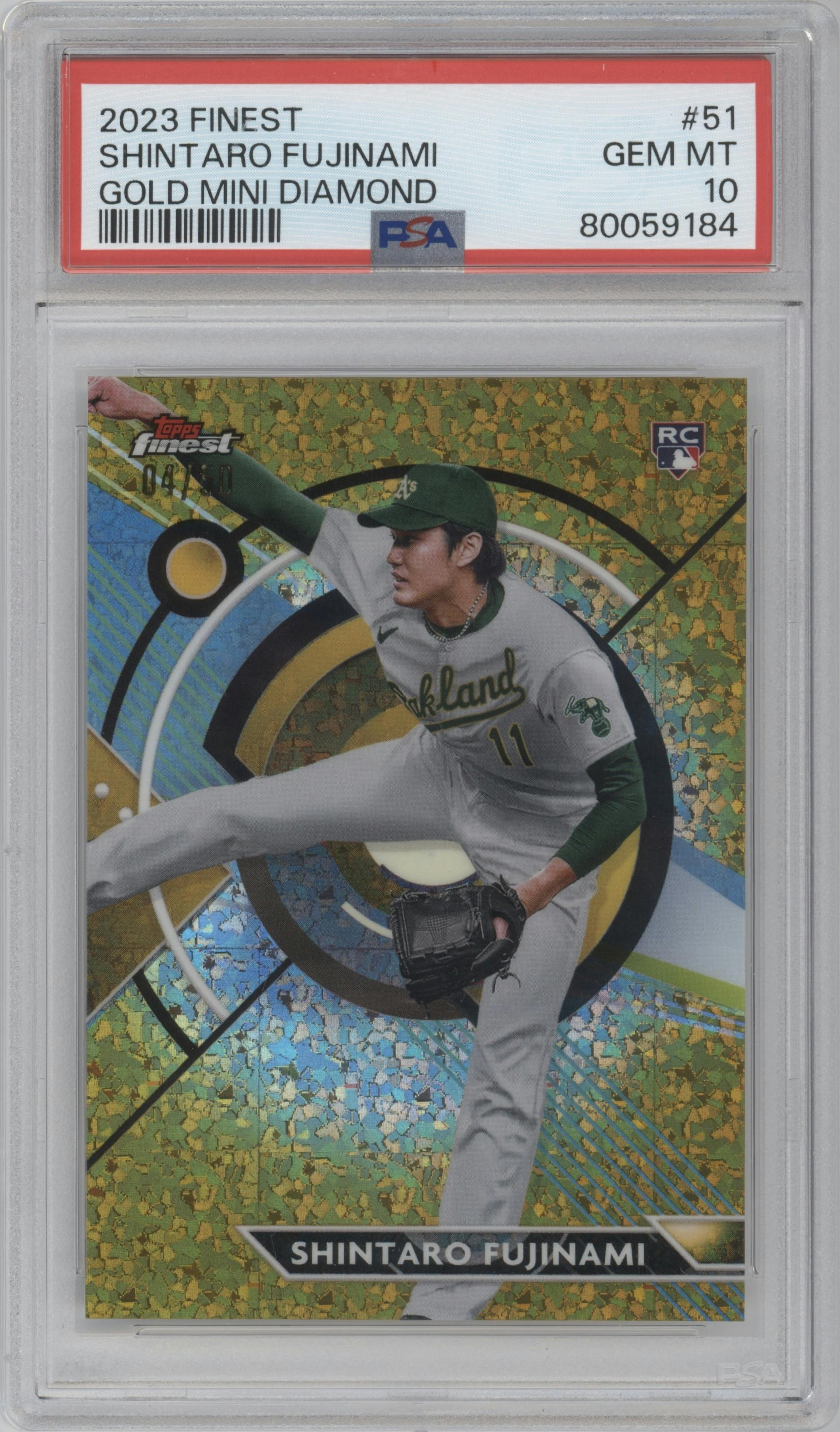 Shintaro Fujinami from the 2023 Topps Finest set featuring a Gold Mini-Diamond Refractor parallel graded by PSA and given an overall grade of 10.
