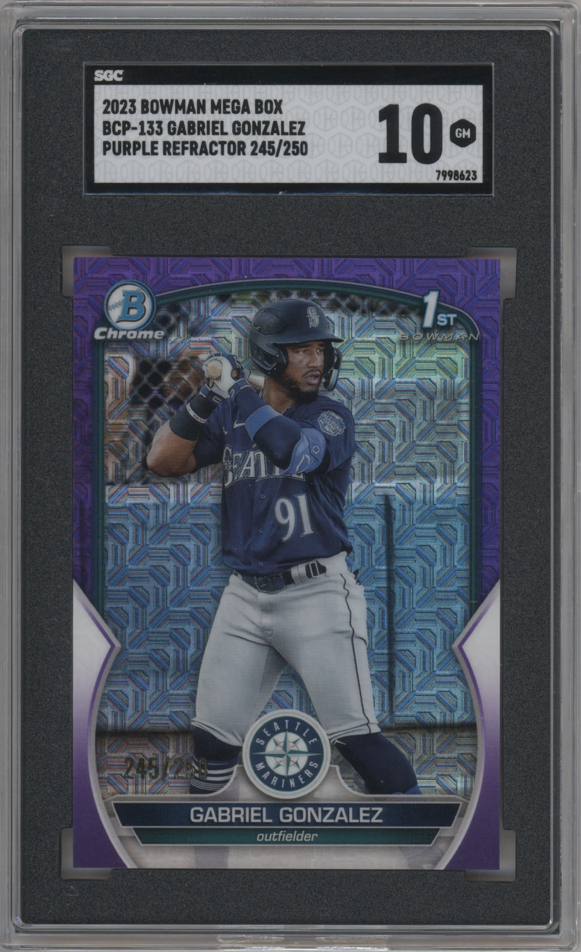 Gabriel Gonzalez from the 2023 Bowman Mega Box set featuring a Purple Refractor parallel graded by SGC and given an overall grade of 10.
