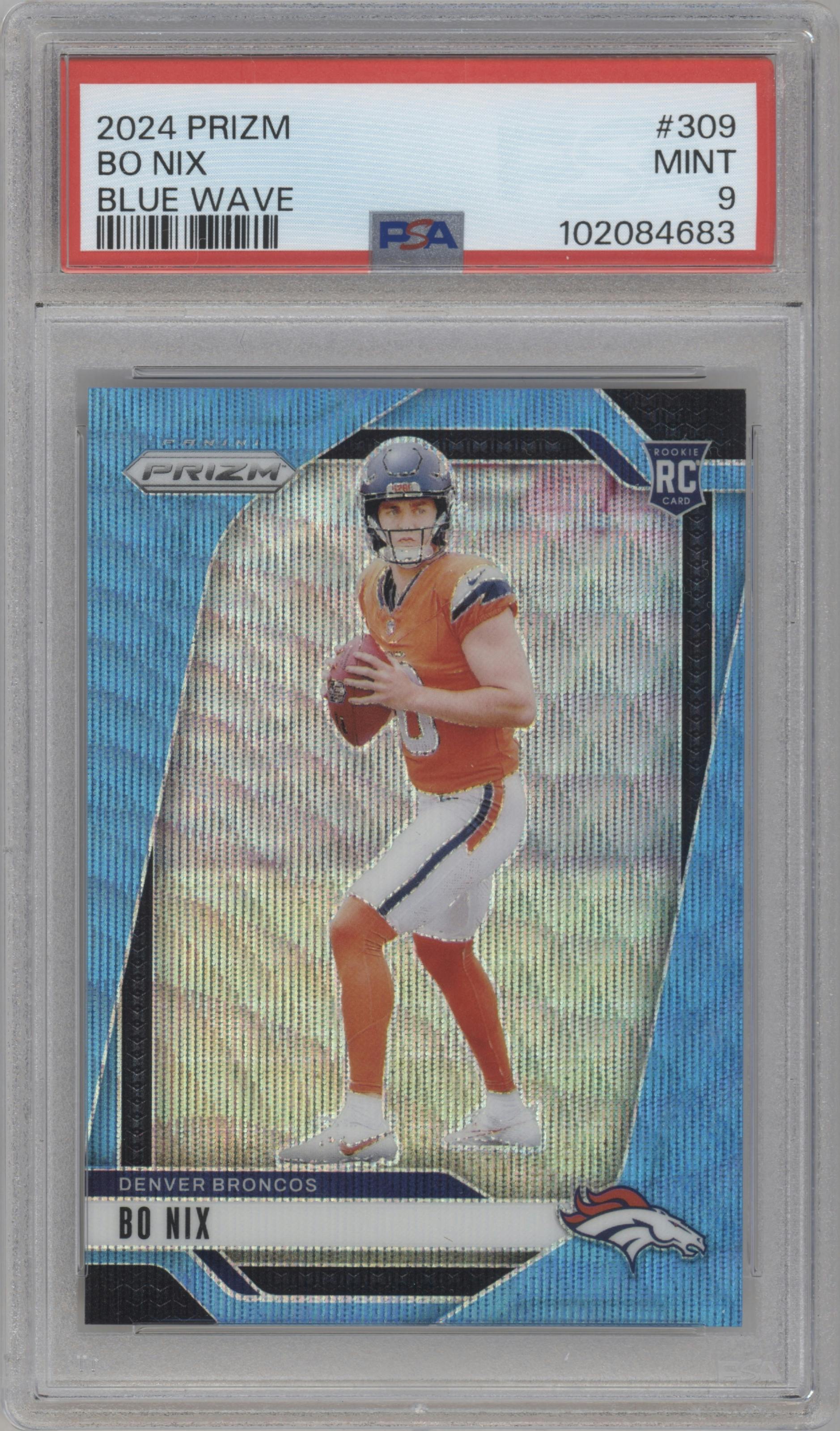 Bo Nix from the 2024 Panini Prizm set featuring a Blue Wave Prizm parallel graded by PSA and given an overall grade of 9.