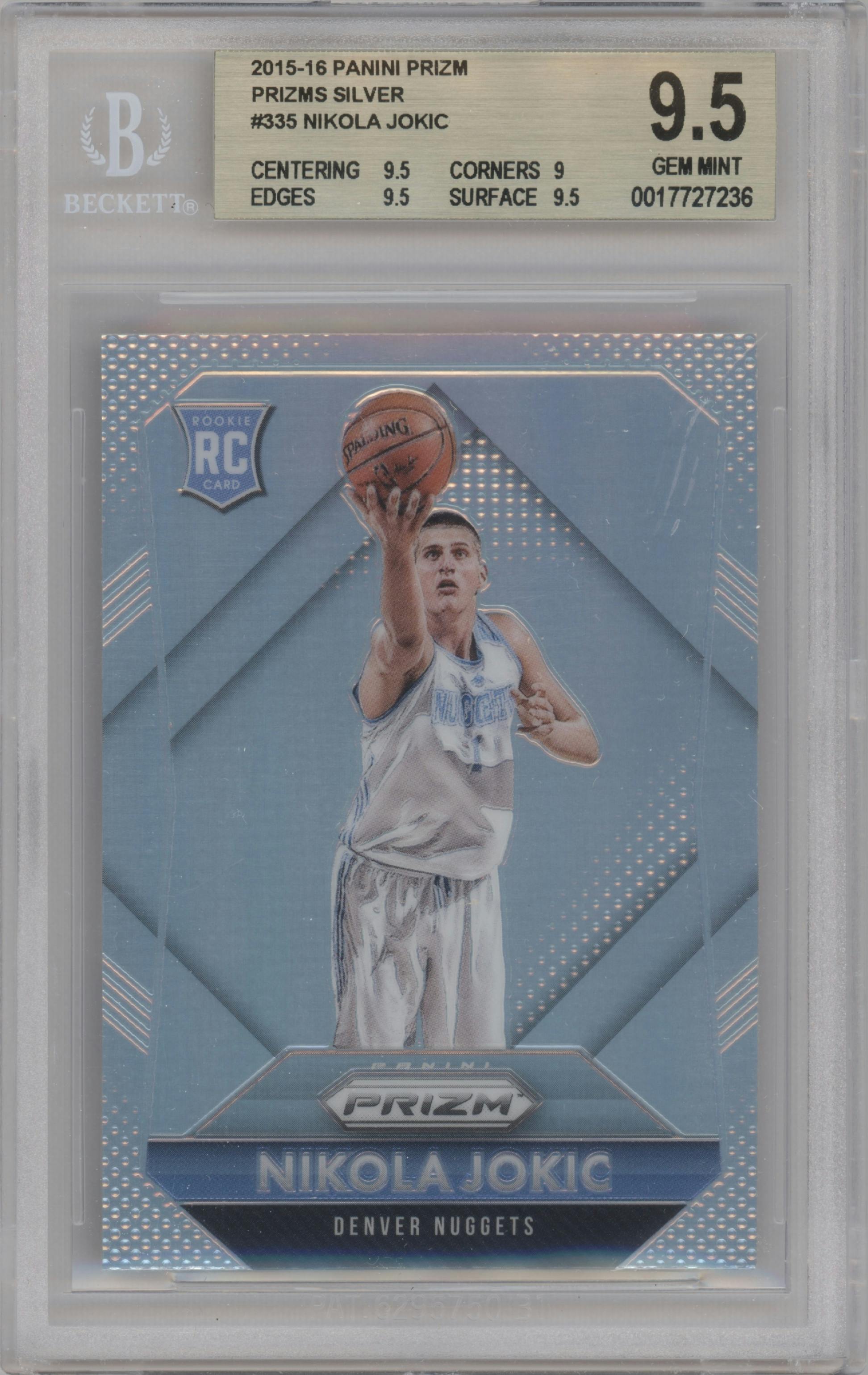 Nikola Jokic from the 2015-16 Panini Prizm  set featuring a Silver Prizm parallel graded by Beckett and given an overall grade of 9.5.