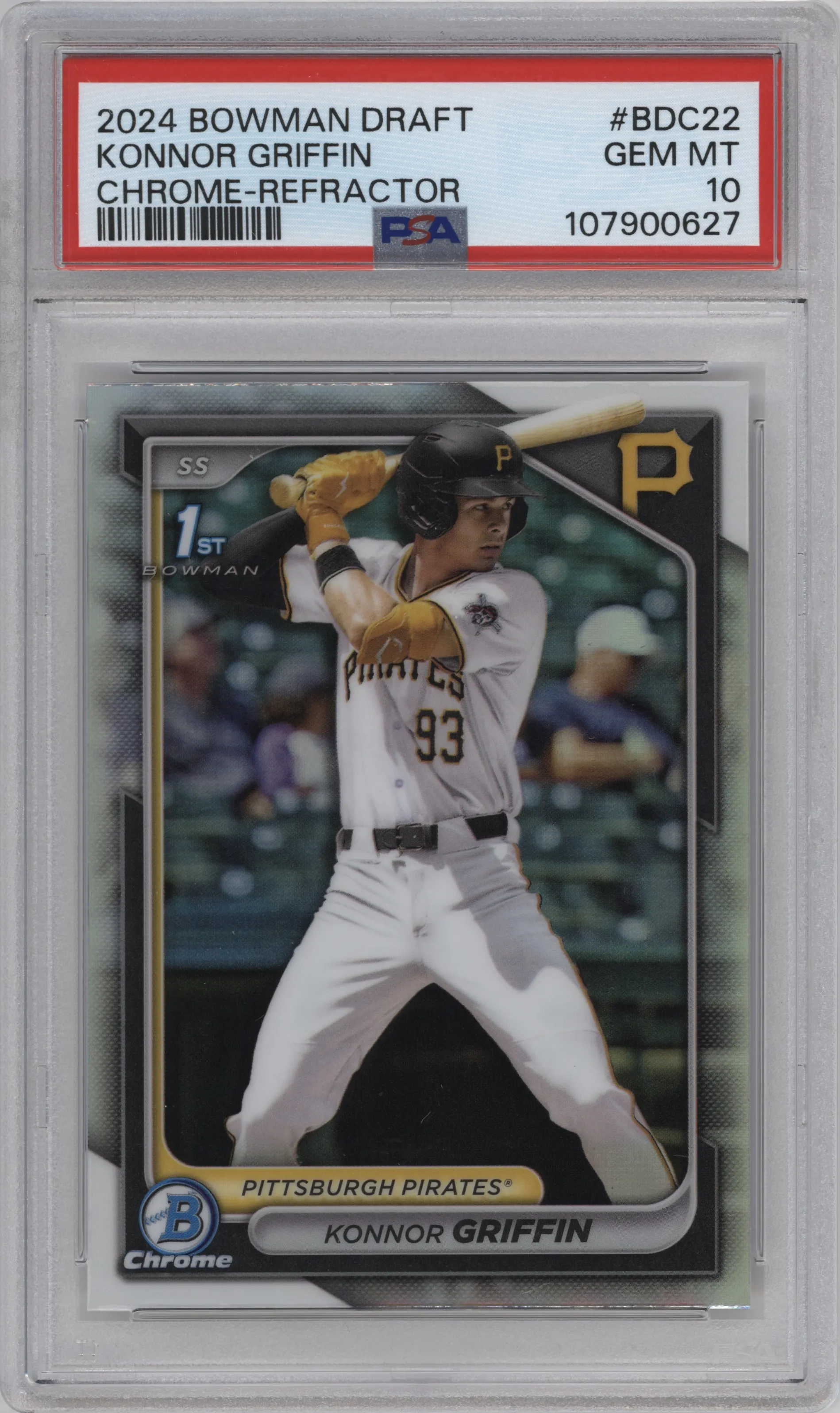 Konnor Griffin from the 2024 Bowman Draft set featuring a Refractor parallel graded by PSA and given an overall grade of 10.