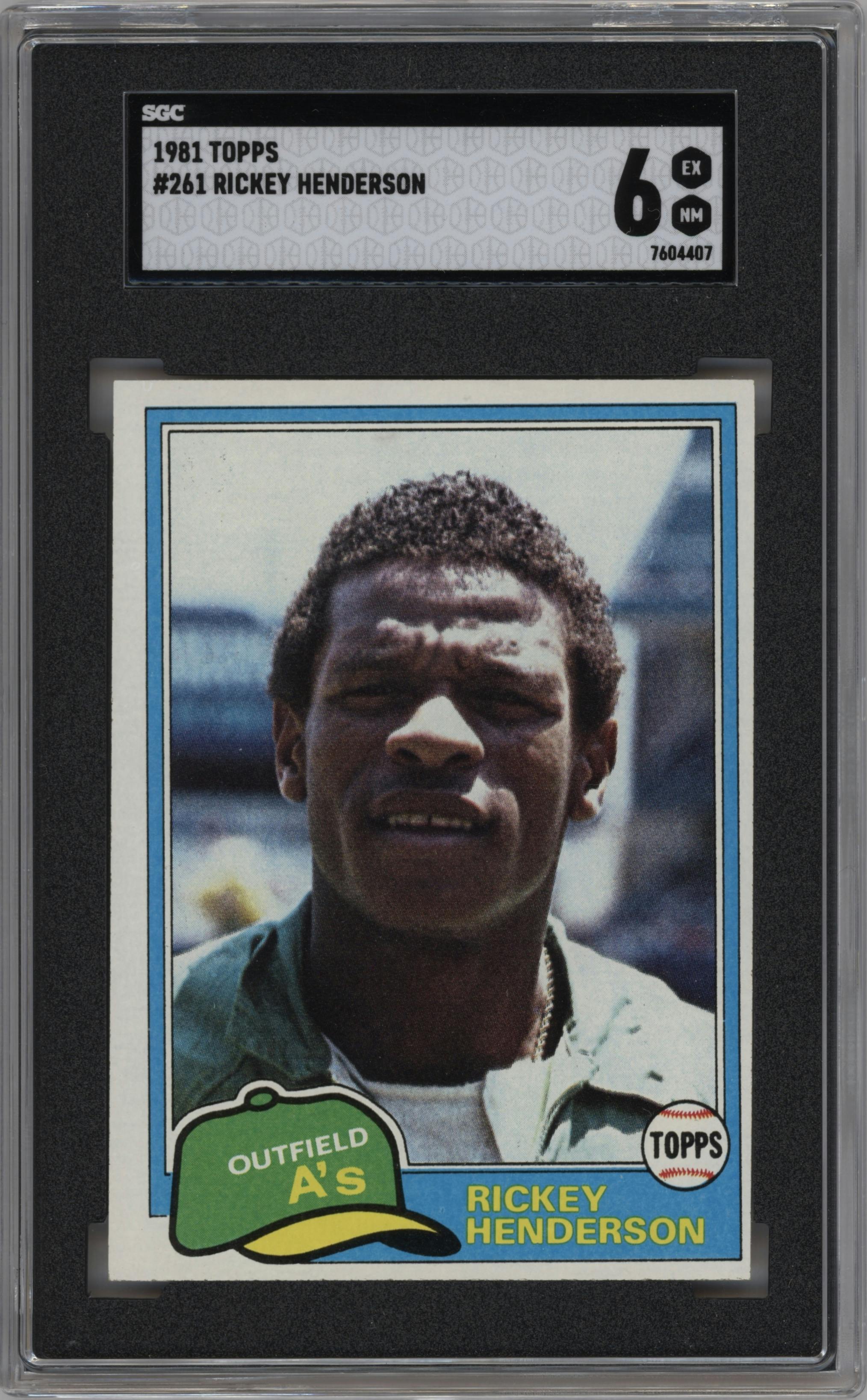 Rickey Henderson from the 1981 Topps set graded by SGC and given an overall grade of 6.