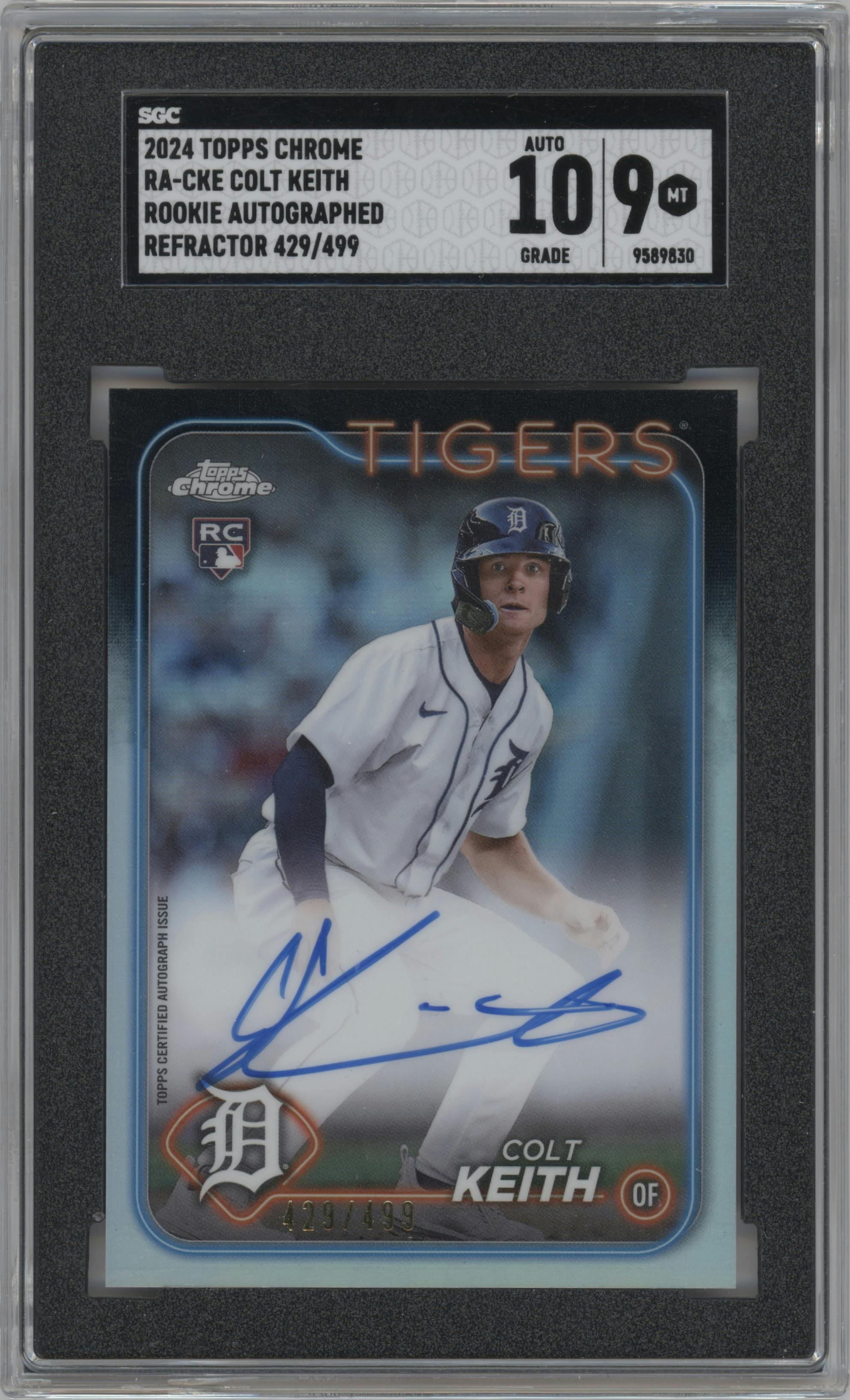 Colt Keith from the 2024 Topps Chrome set featuring a Refractor parallel graded by SGC and given an overall grade of 9.