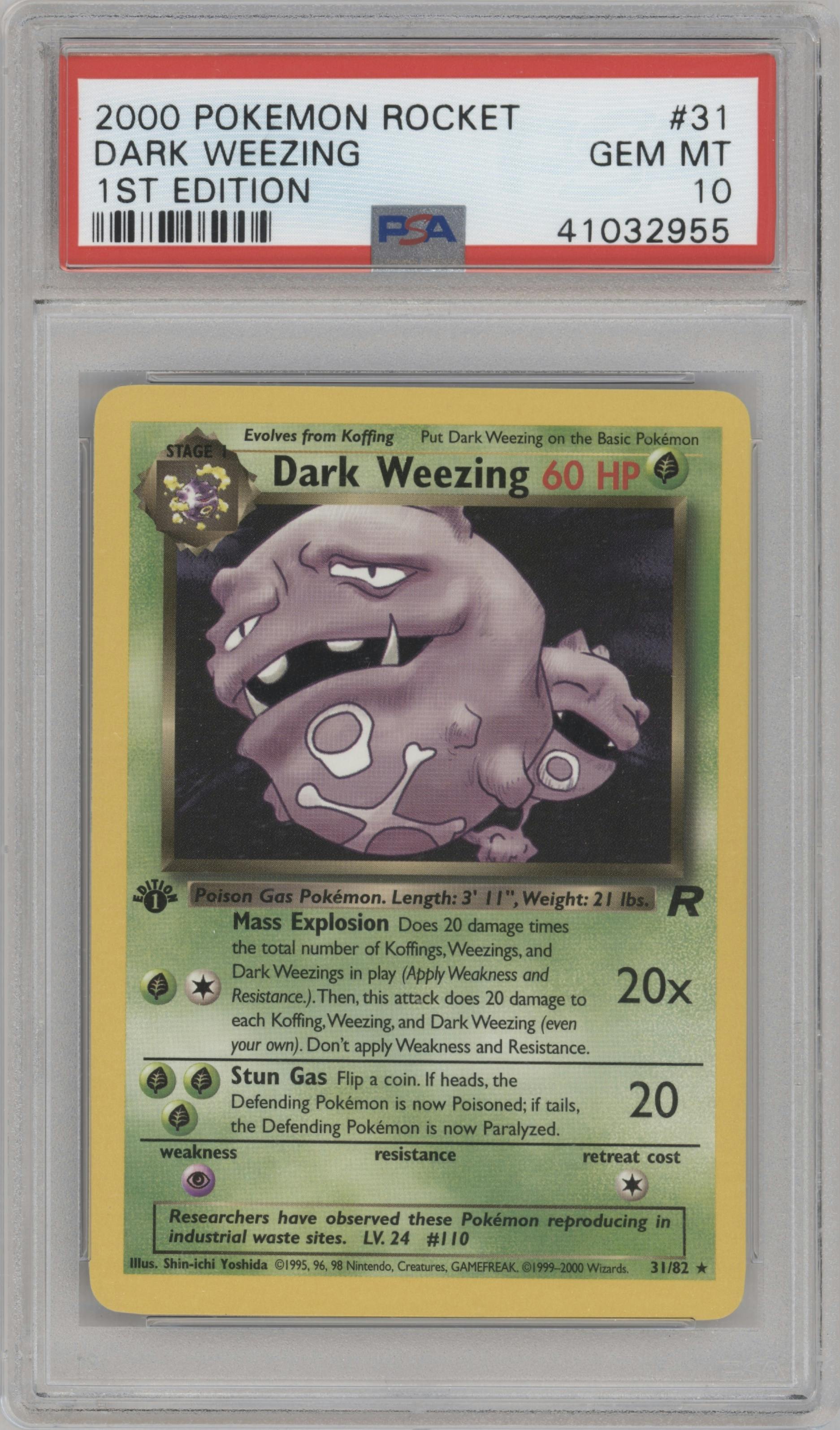 Dark Weezing from the 2000 Pokemon set graded by PSA and given an overall grade of 10.