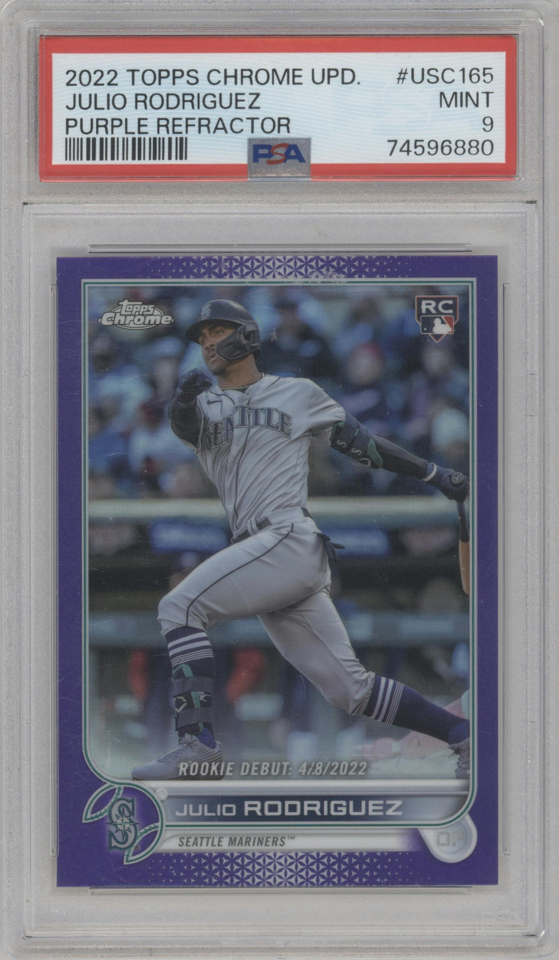 Julio Rodriguez from the 2022 Topps Chrome Update set featuring a Purple Refractor parallel graded by PSA and given an overall grade of 9.