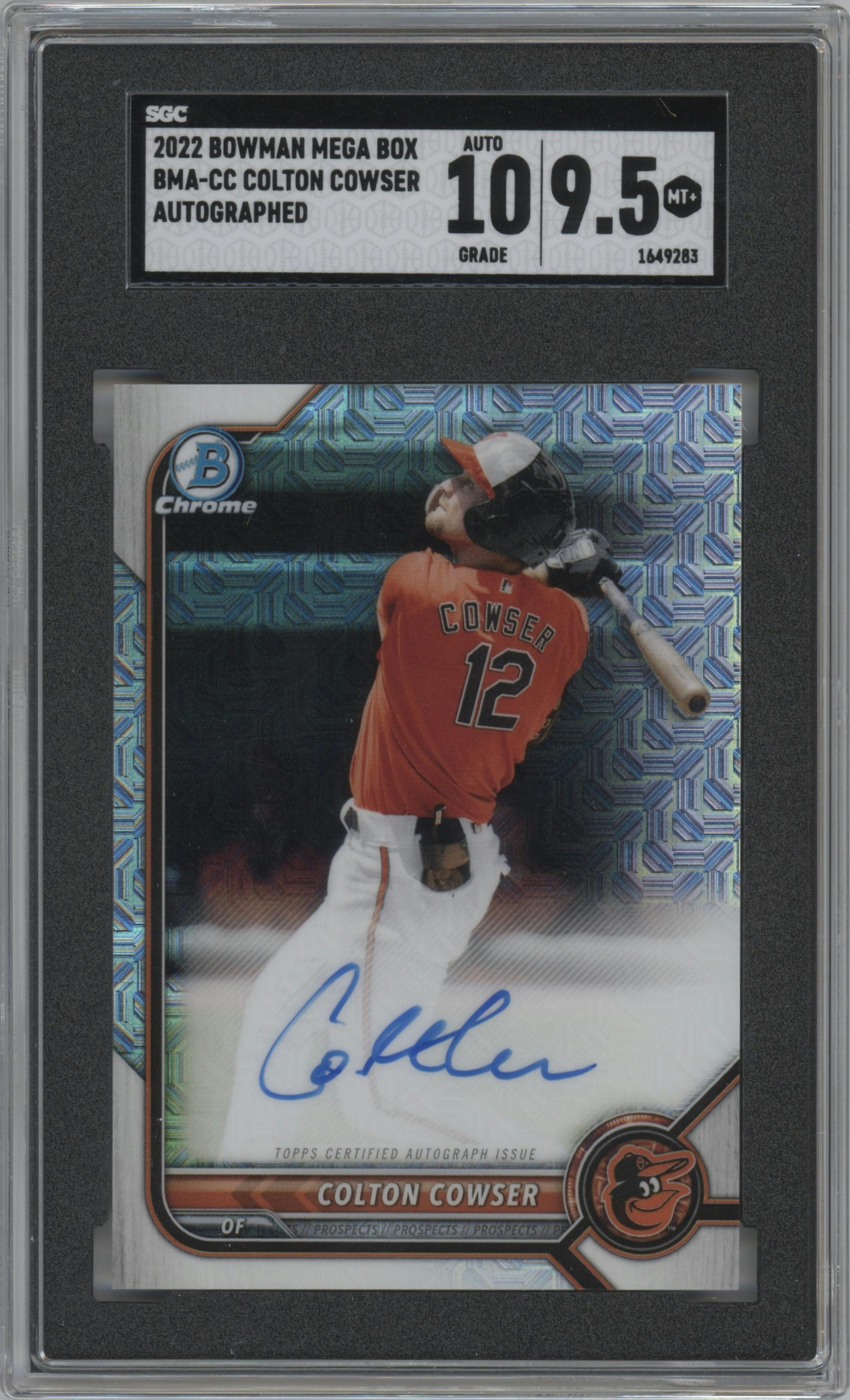 Colton Cowser from the 2022 Bowman Mega Box set graded by SGC and given an overall grade of 9.5.
