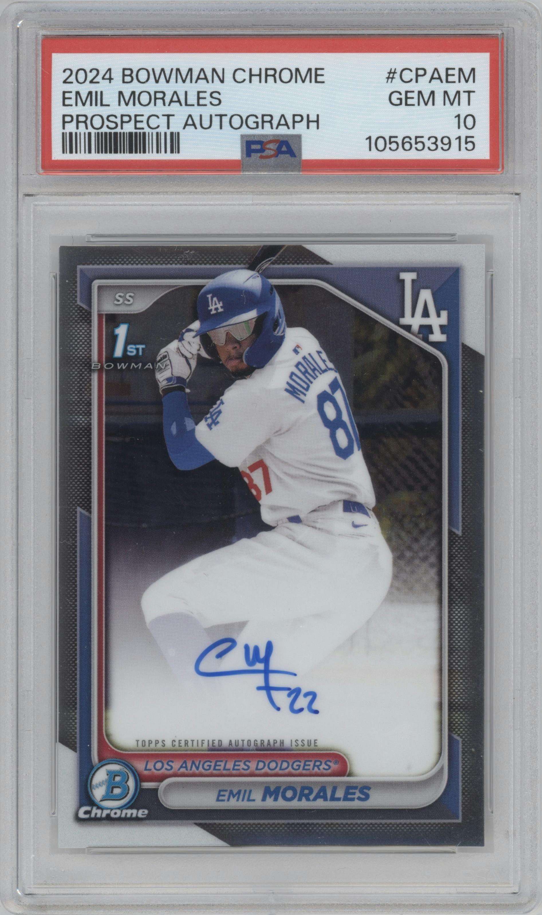Emil Morales from the 2024 Bowman Chrome set graded by PSA and given an overall grade of 10.