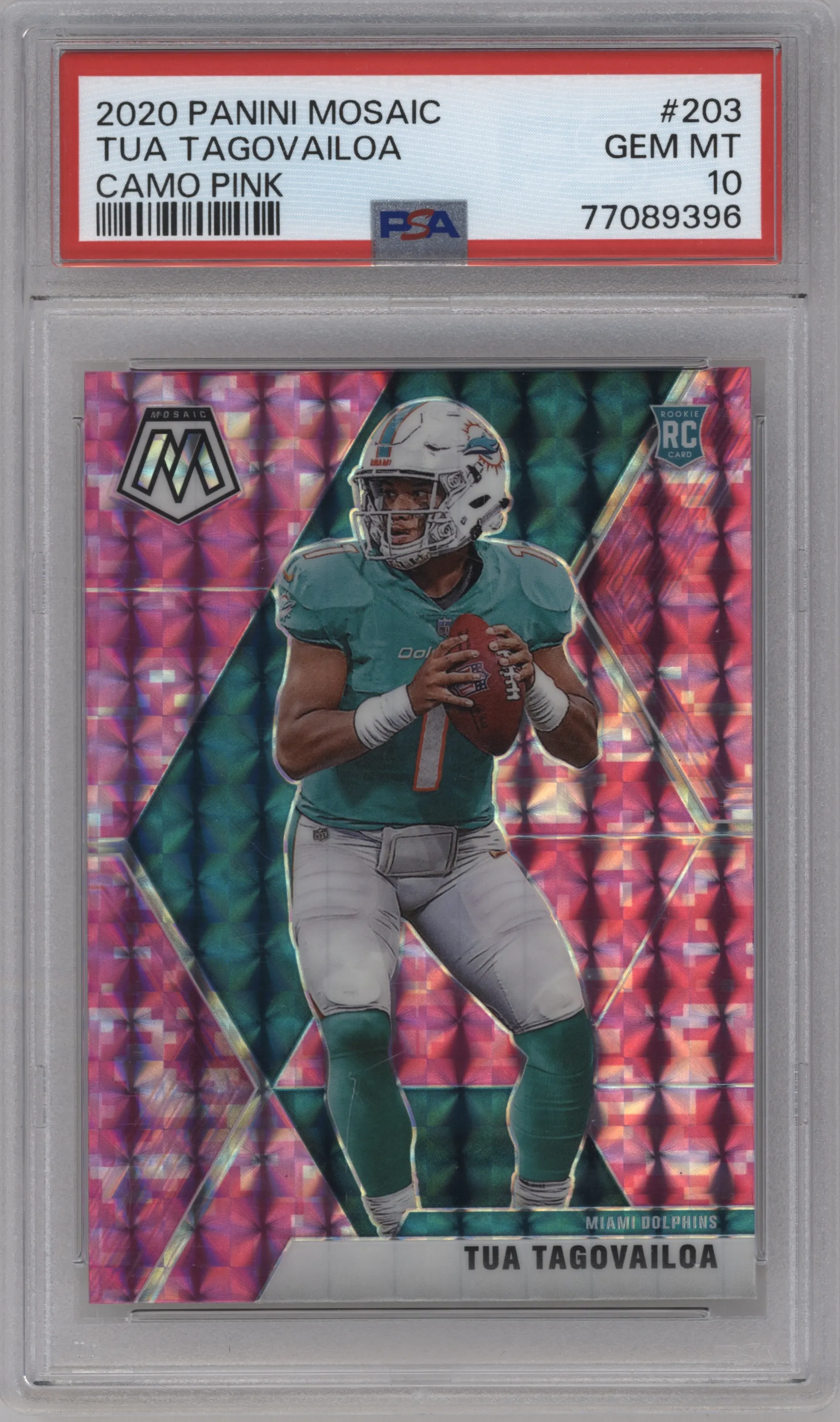 Tua Tagovailoa from the 2020 Panini Mosaic set featuring a Pink Camo parallel graded by PSA and given an overall grade of 10.