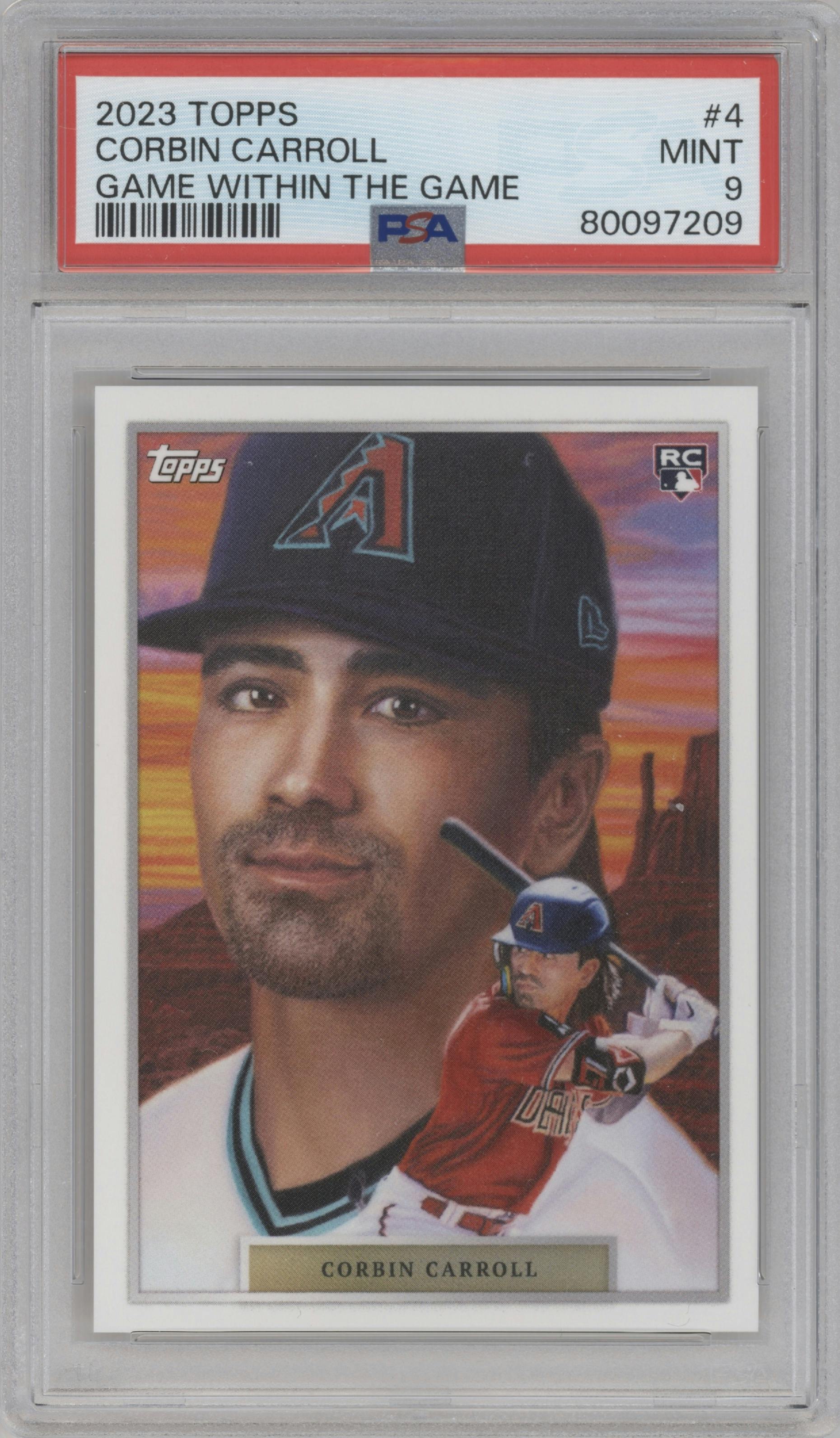 Corbin Carroll from the 2023 Topps Game Within the Game set graded by PSA and given an overall grade of 9.