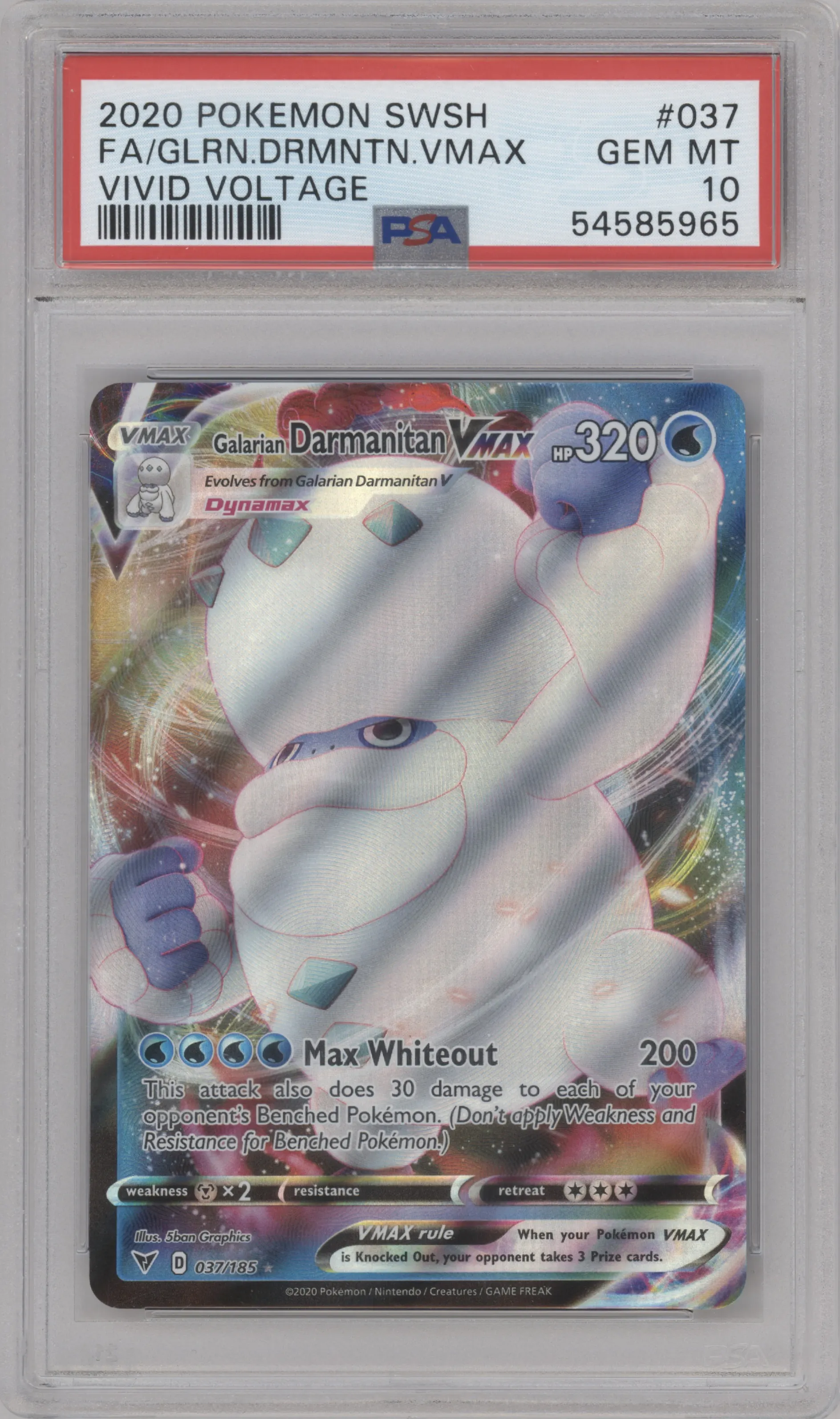 Galarian Darmanitan VMAX from the 2020 Pokemon SWSH set graded by PSA and given an overall grade of 10.