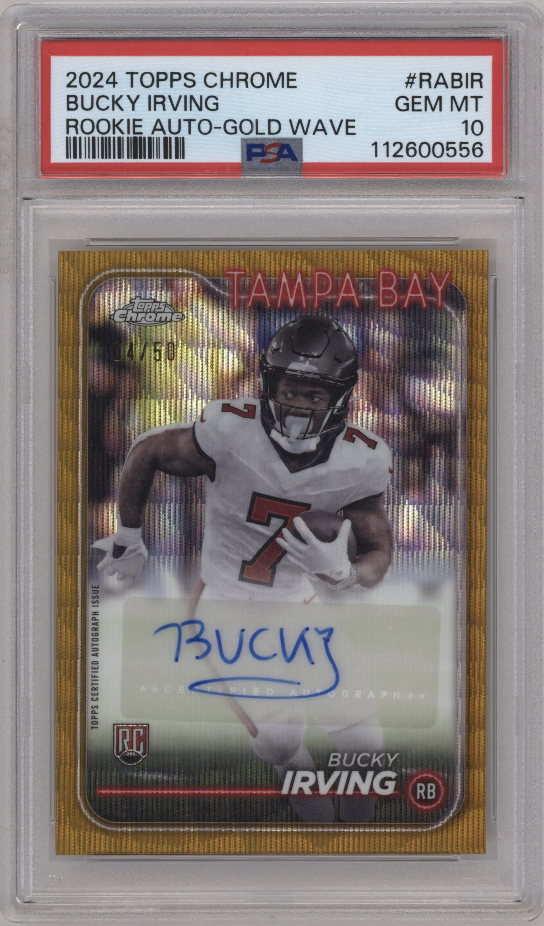 Bucky Irving  from the 2024 Topps Chrome set featuring a Gold Wave parallel graded by PSA and given an overall grade of 10.