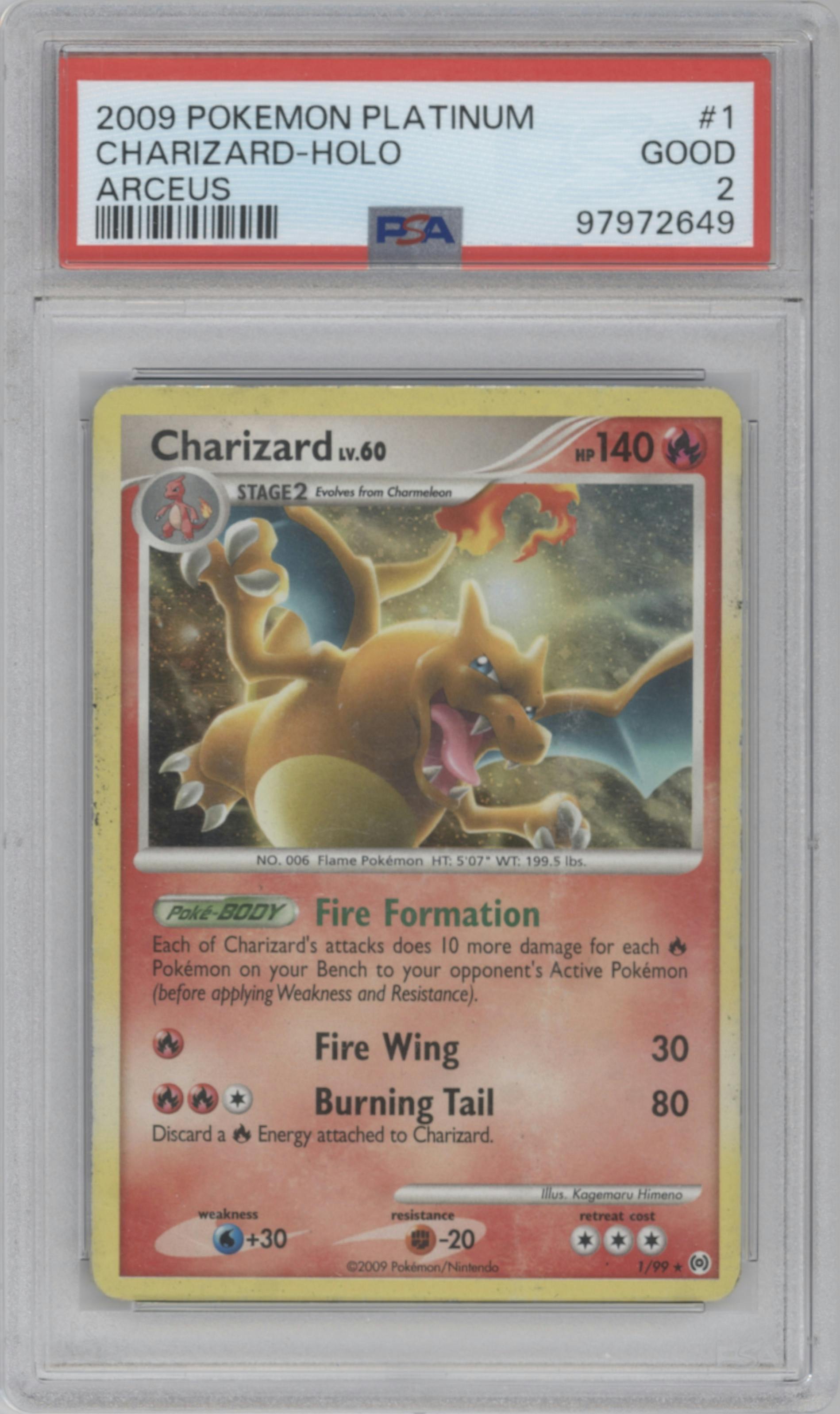 Charizard from the 2009 Pokemon Platinum set graded by PSA and given an overall grade of 2.
