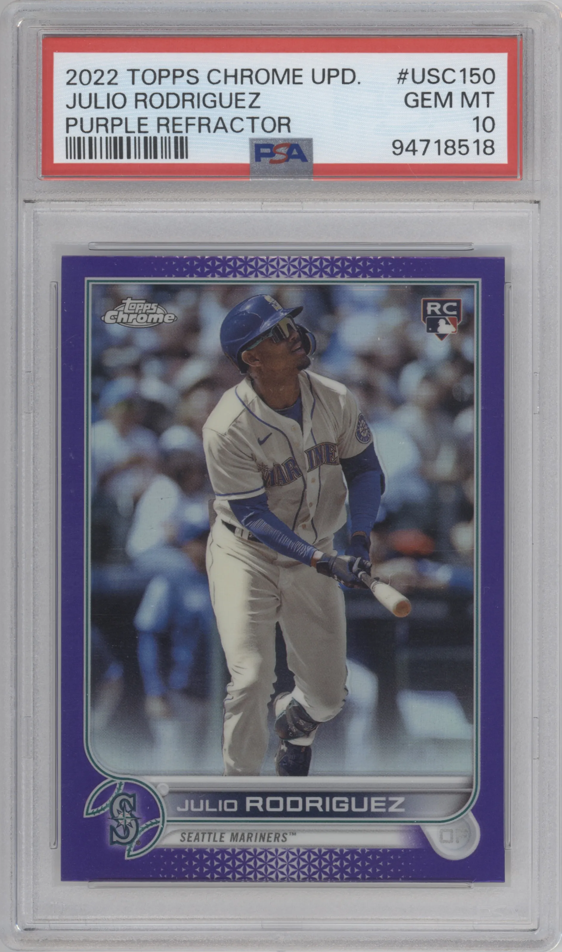 Julio Rodriguez from the 2022 Topps Chrome Update set featuring a Purple Refractor parallel graded by PSA and given an overall grade of 10.
